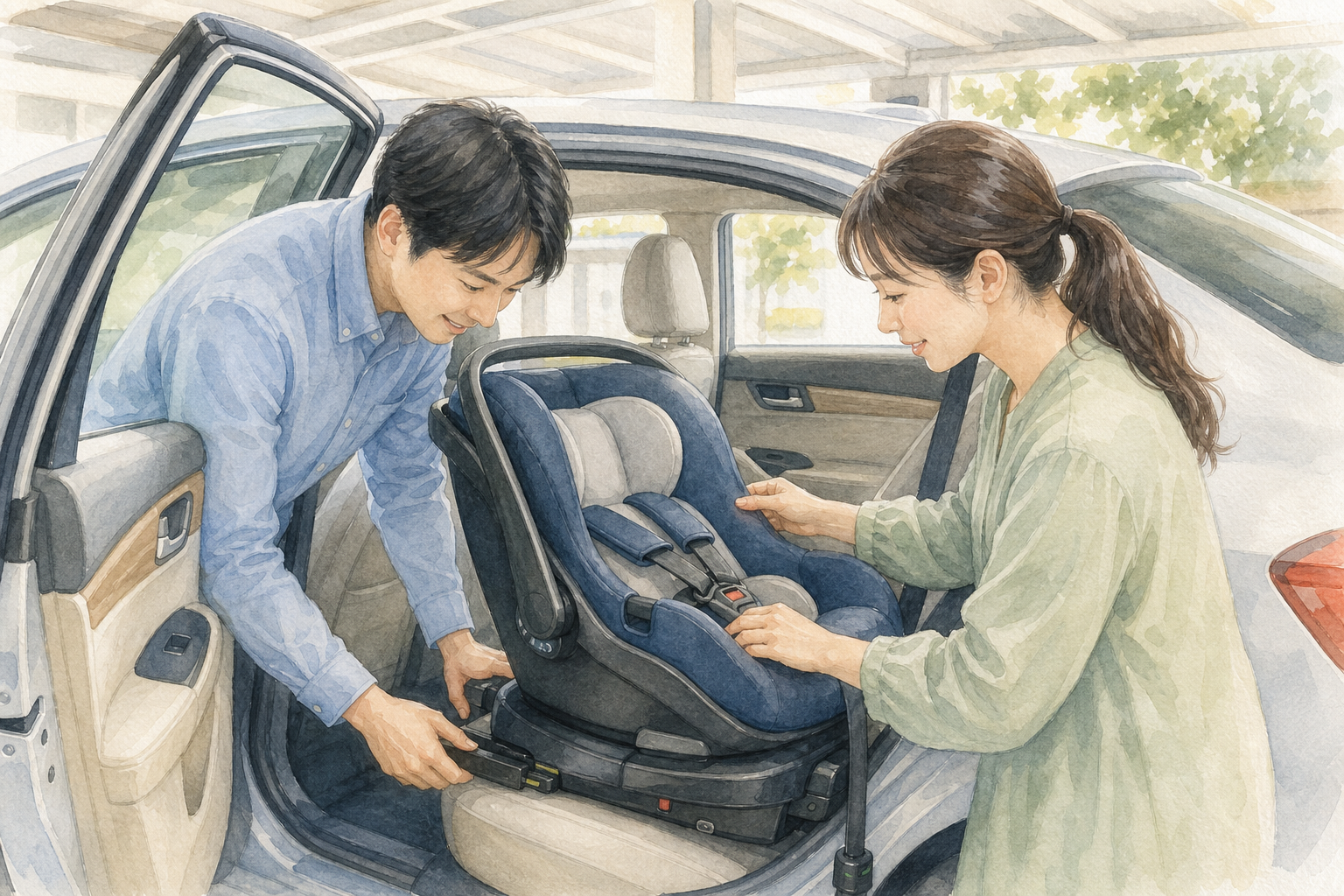車にチャイルドシートを取り付けて固定状態を確認する水彩イラスト