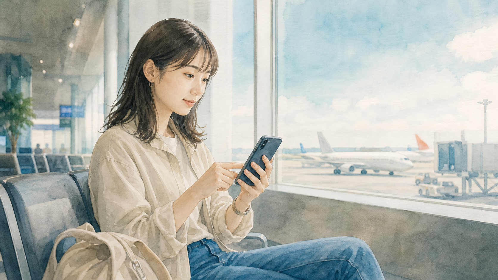スマートフォンのeSIM対応を確認する水彩イラスト