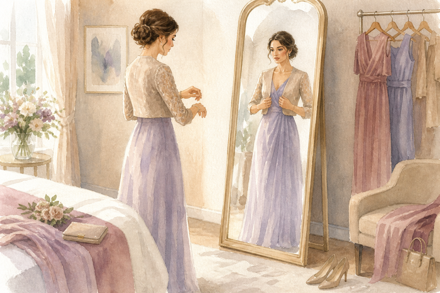 結婚式 ボレロ 忘れたの確認手順を進める水彩イラスト