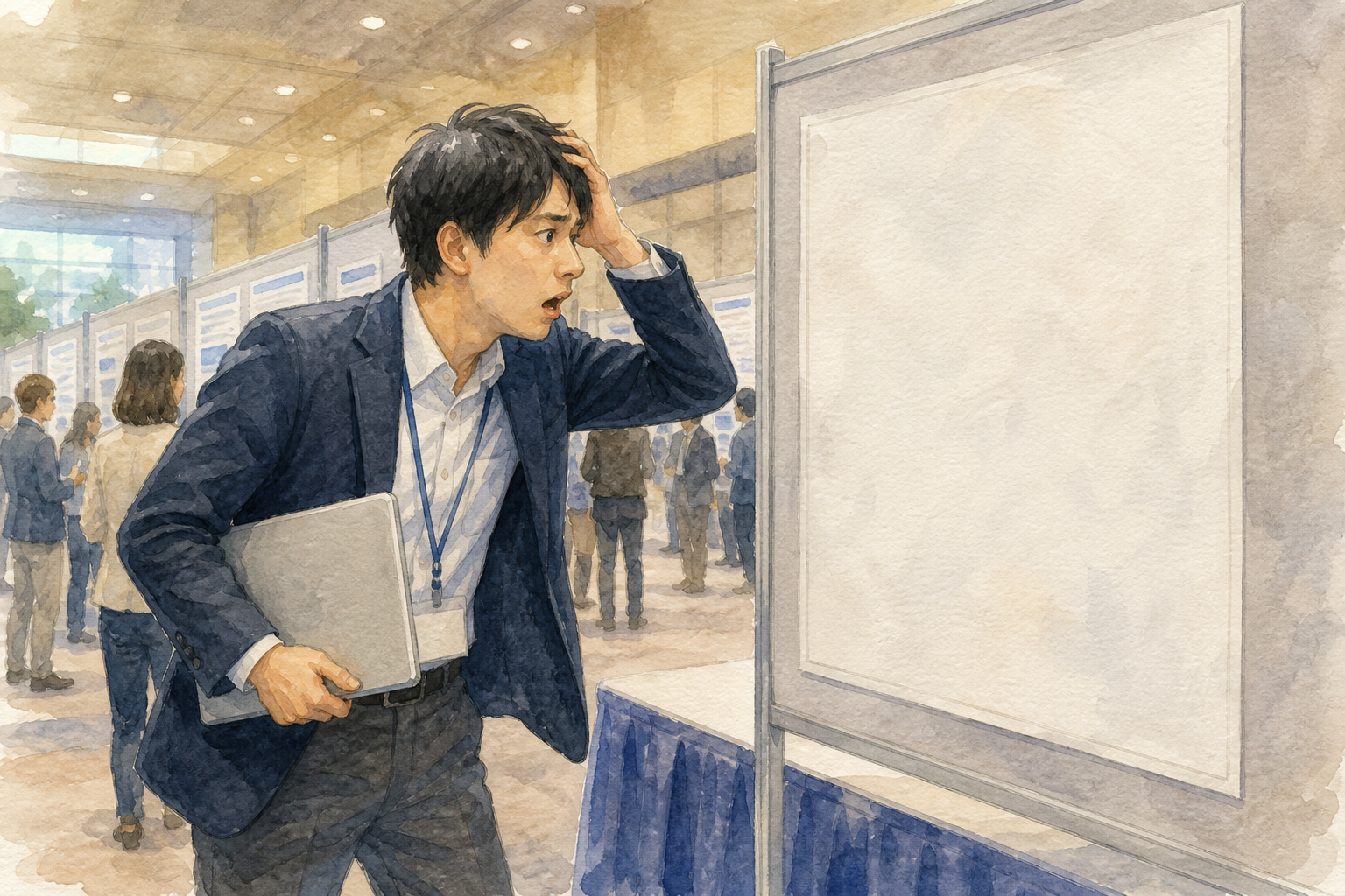 学会 ポスター 忘れたで困っている場面を描いた水彩イラスト