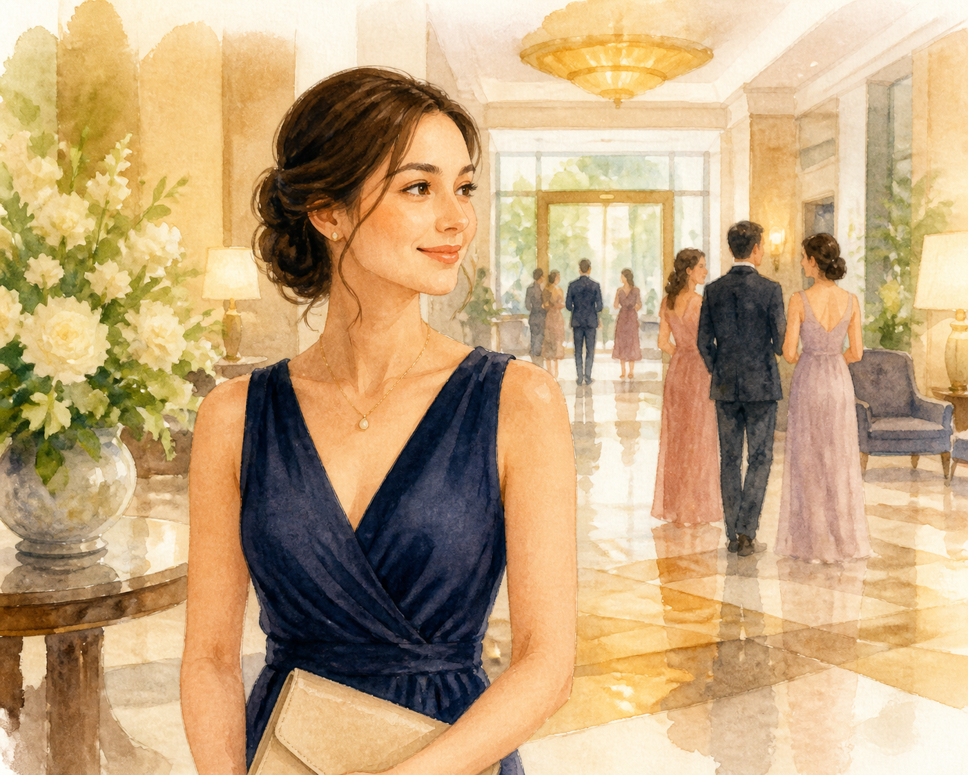 結婚式 ネックレス 忘れたを解決した場面を描いた水彩イラスト