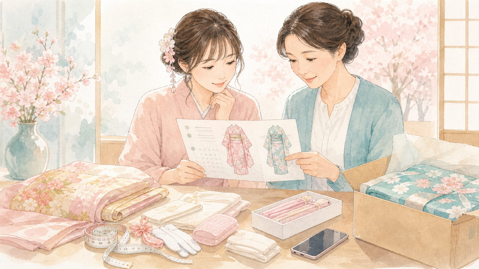 成人式 振袖 届かないの確認手順を進める水彩イラスト