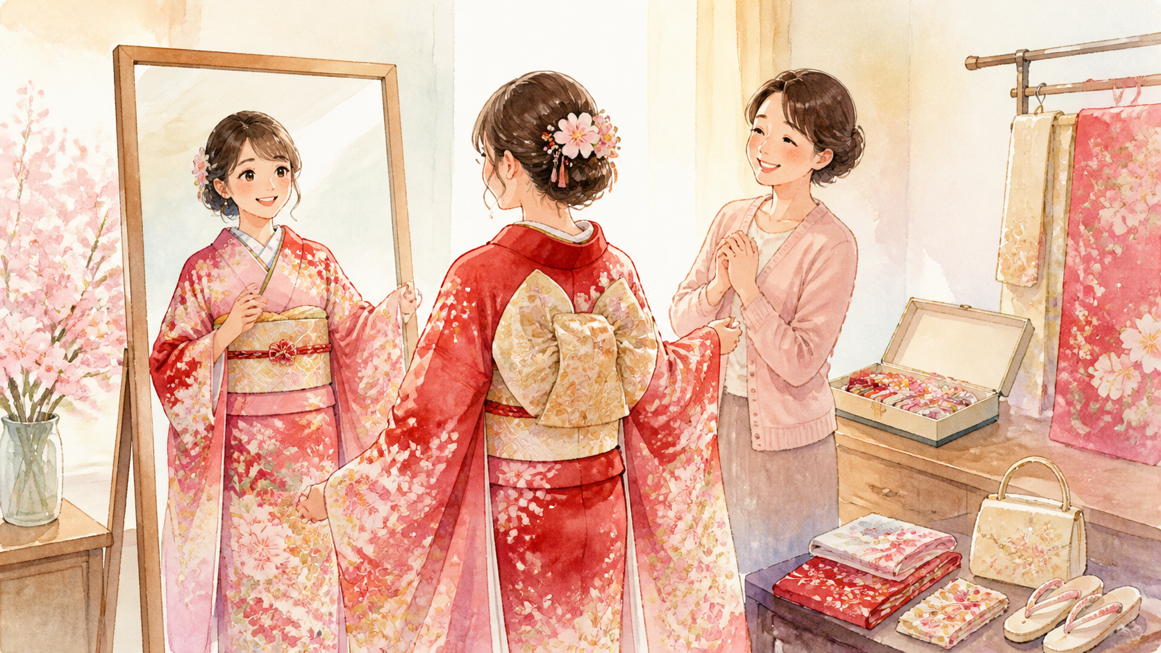 成人式 振袖 届かないを解決した場面の水彩イラスト