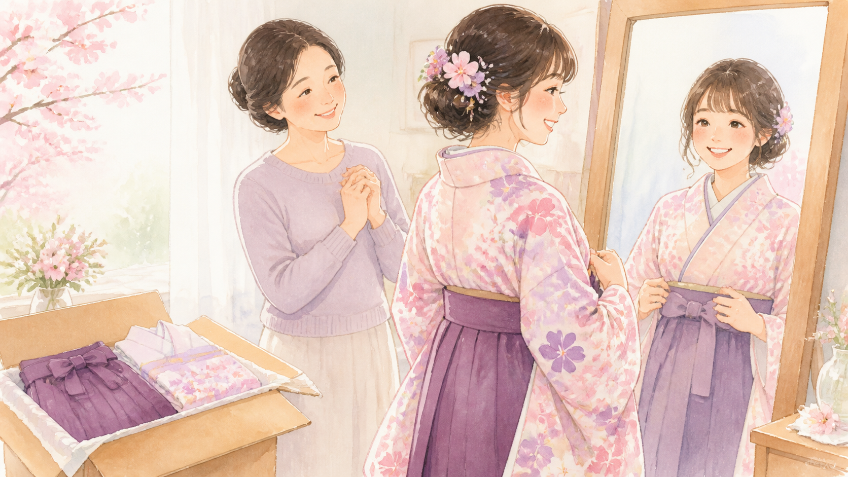 卒業式 袴 届かないを解決した場面の水彩イラスト