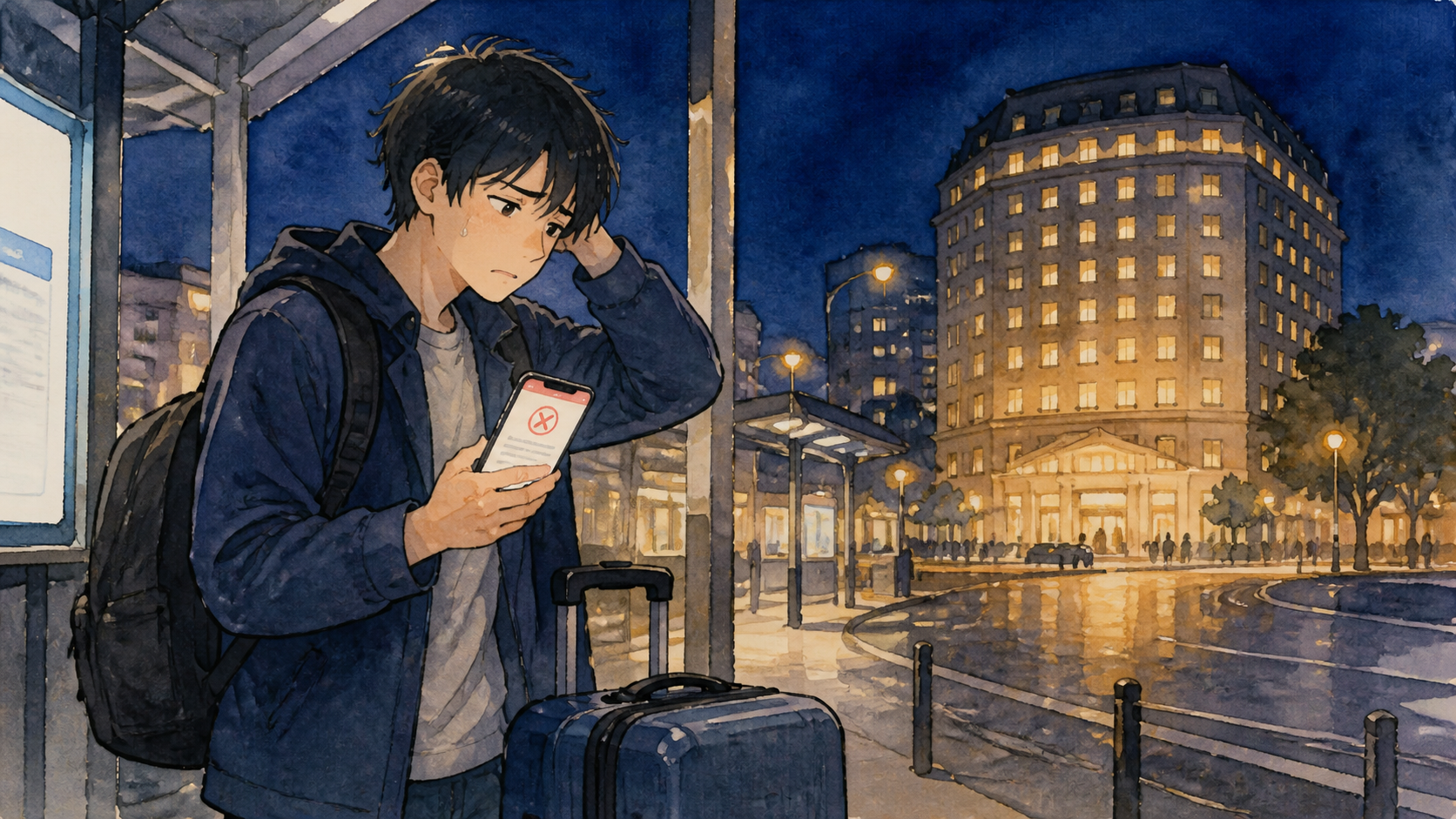 ホテル 予約 キャンセルされたで困っている場面の水彩イラスト