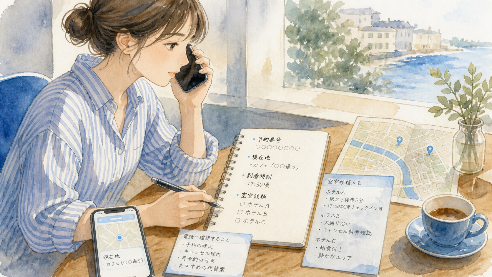 ホテル 予約 キャンセルされたの確認手順を進める水彩イラスト