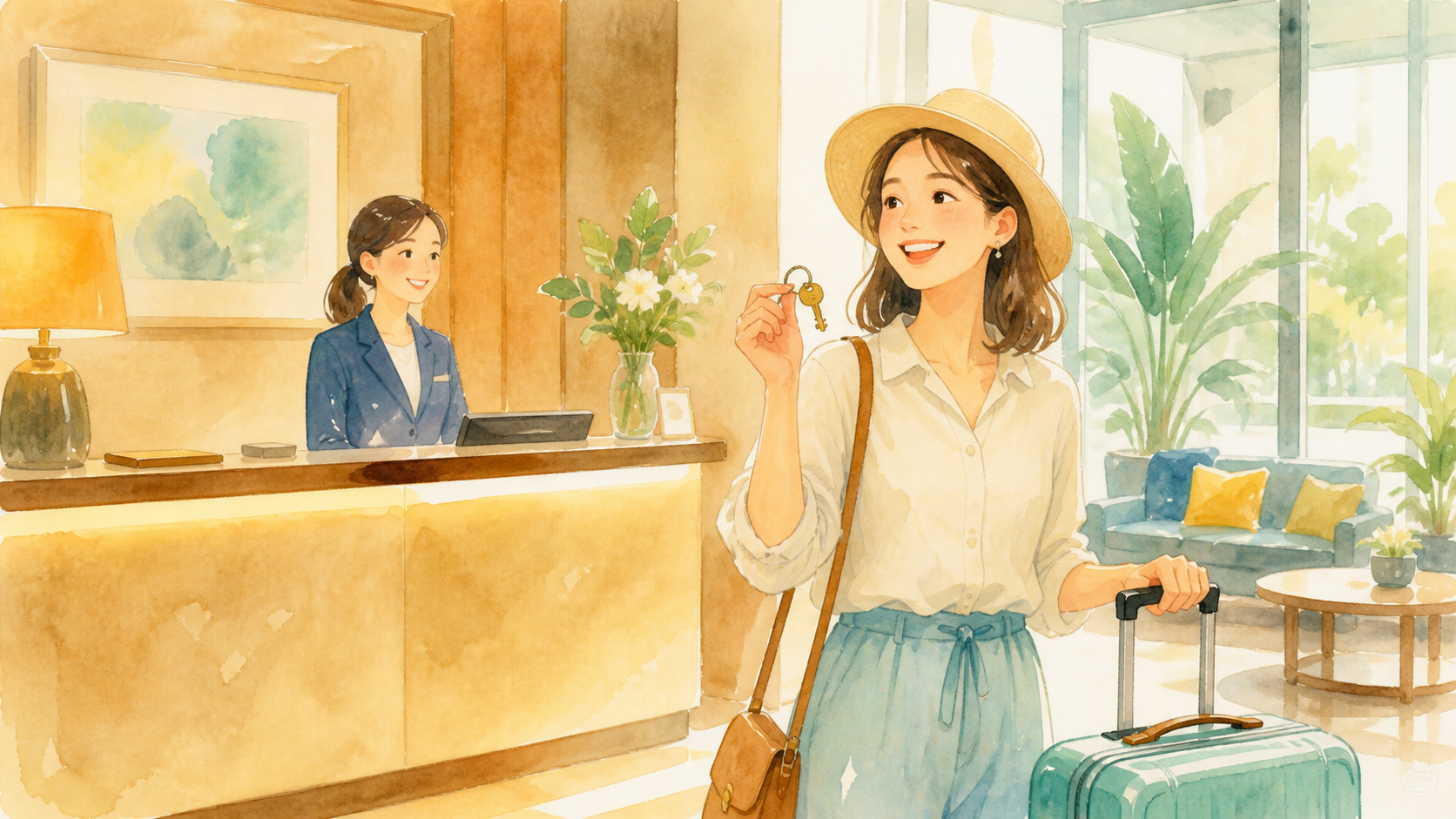 ホテル 予約 キャンセルされたを解決した場面の水彩イラスト