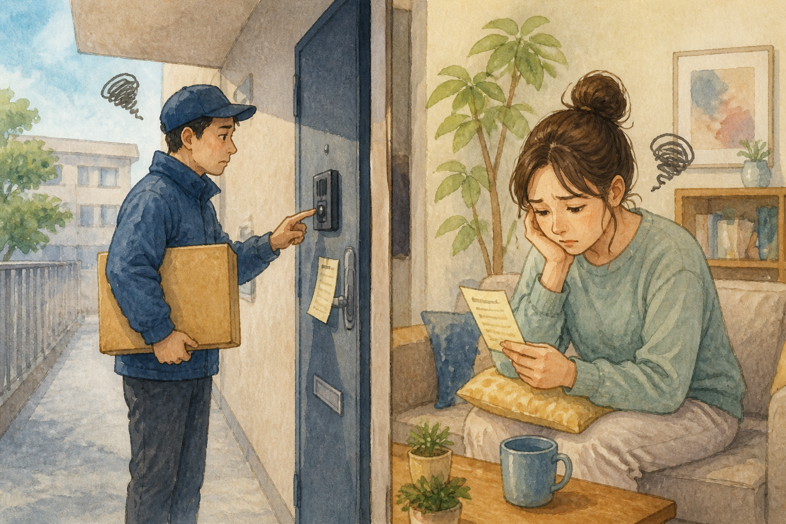 インターホン 壊れた 宅配で困っている場面を描いた水彩イラスト