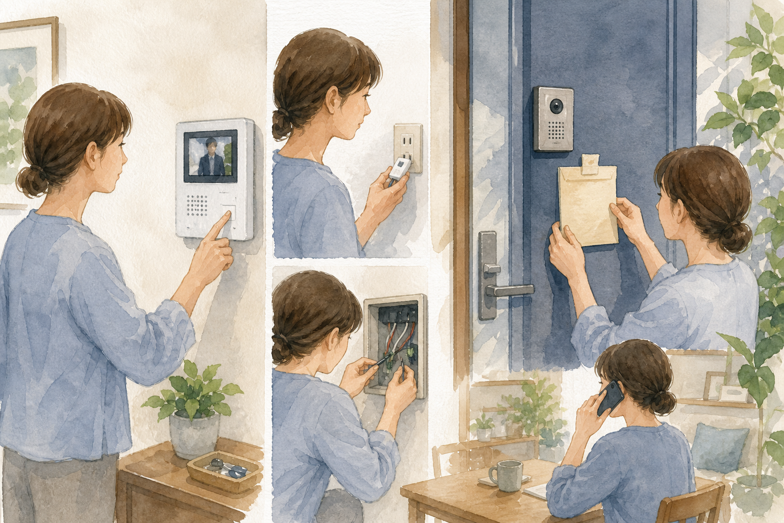 インターホン 壊れた 宅配の確認手順を進める水彩イラスト