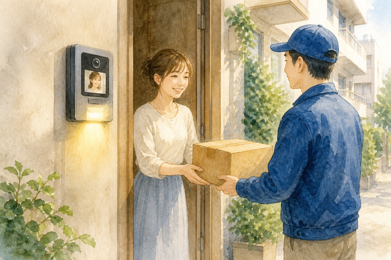 インターホン 壊れた 宅配を解決した場面を描いた水彩イラスト