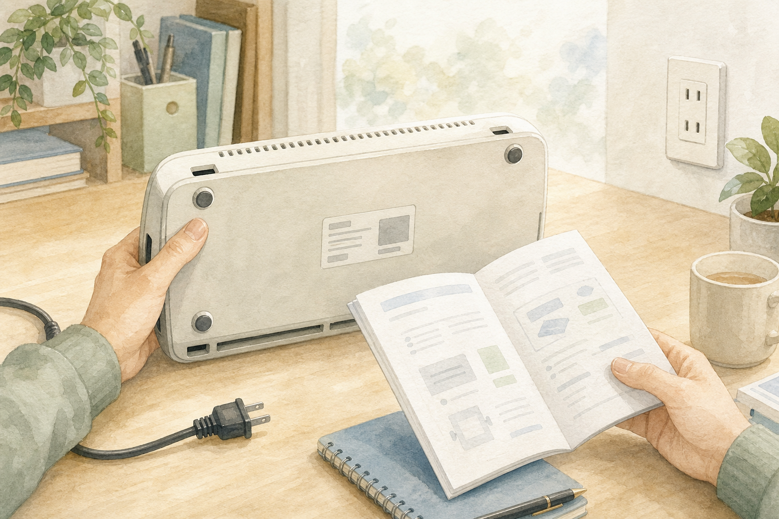 電源を切ってラミネーターの型番と説明書を確認する水彩イラスト