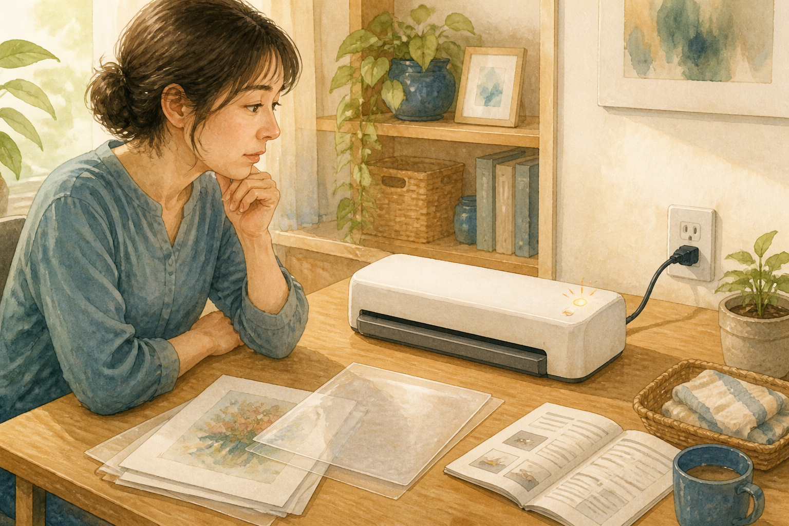 ラミネーターのレディランプ点滅に気づいた場面を描いた水彩イラスト