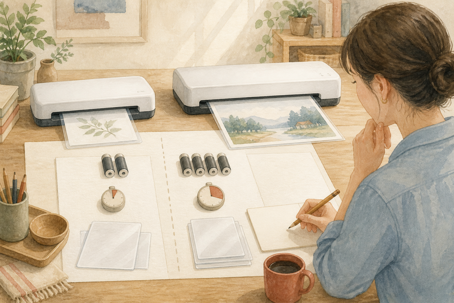 用紙サイズやローラー数を比べて代替ラミネーターを選ぶ水彩イラスト
