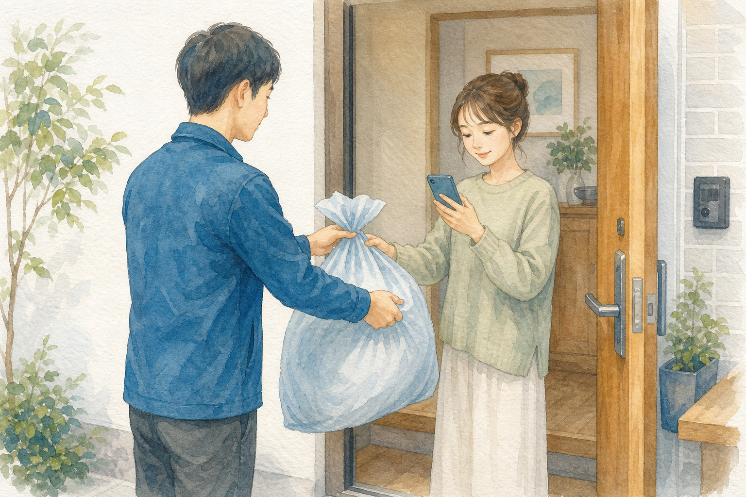洗濯代行の集荷袋を玄関で受け渡す水彩イラスト