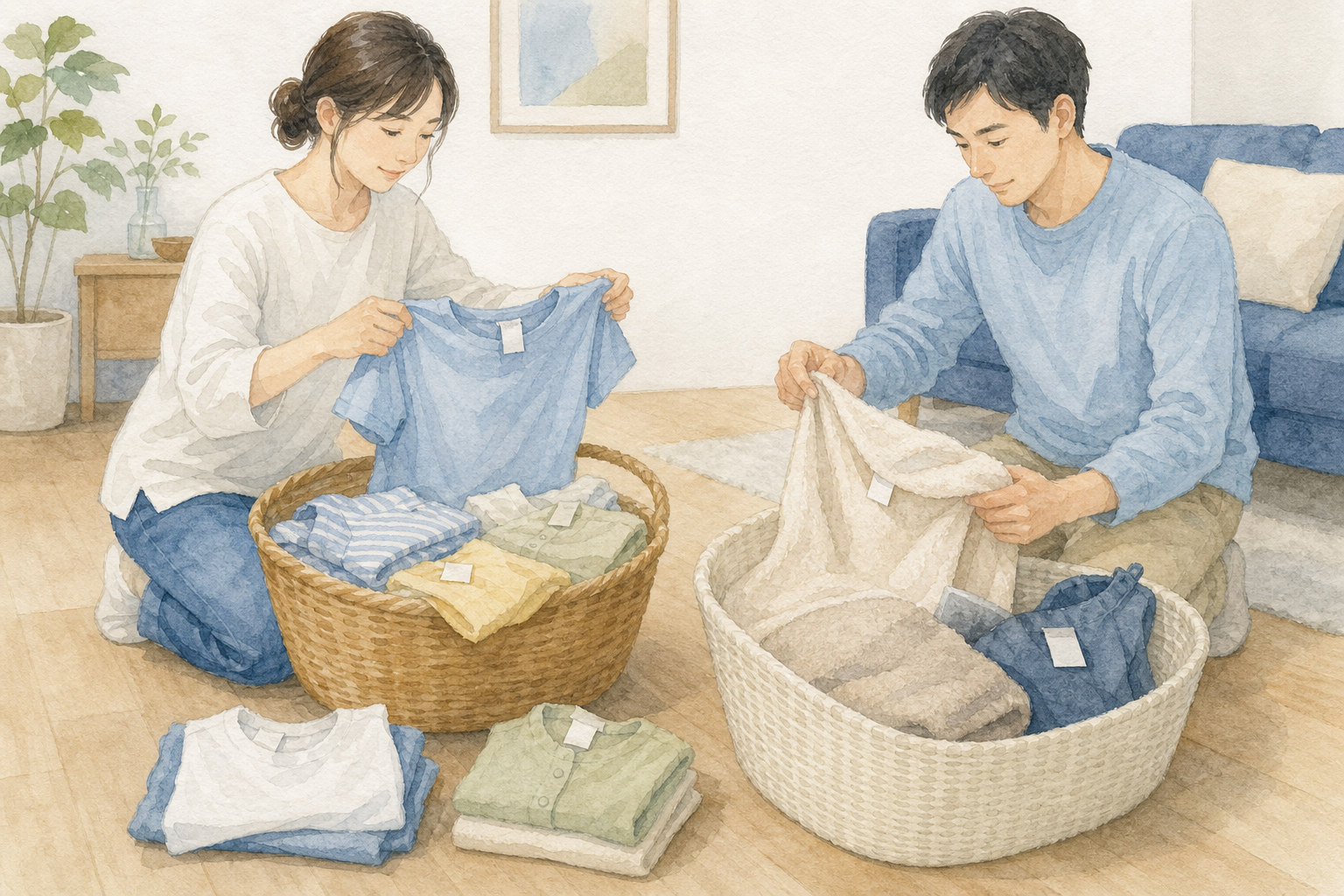 洗濯表示を確認して集荷へ出す衣類を仕分ける水彩イラスト