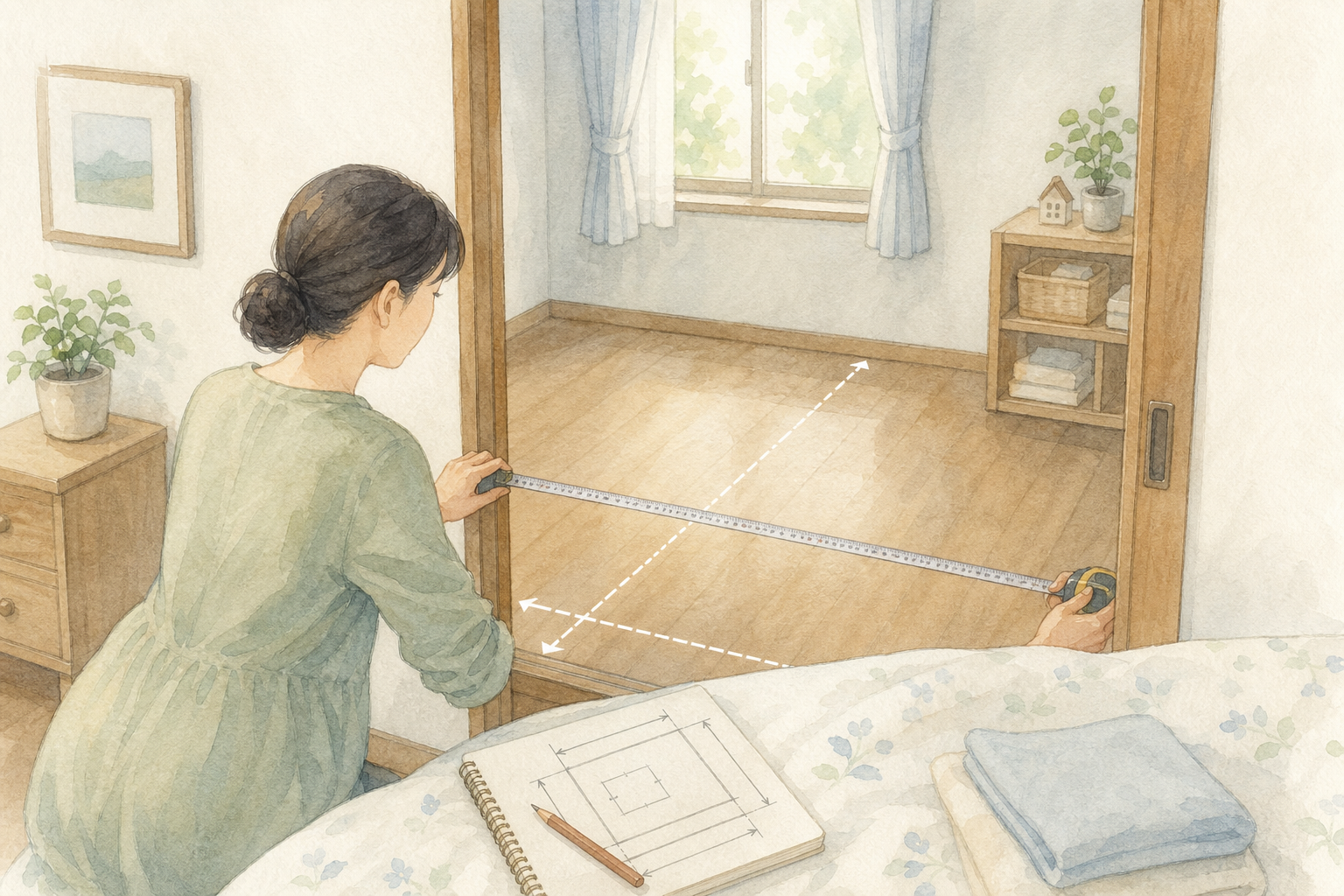 ベビーベッドの設置場所と搬入経路を測る水彩イラスト