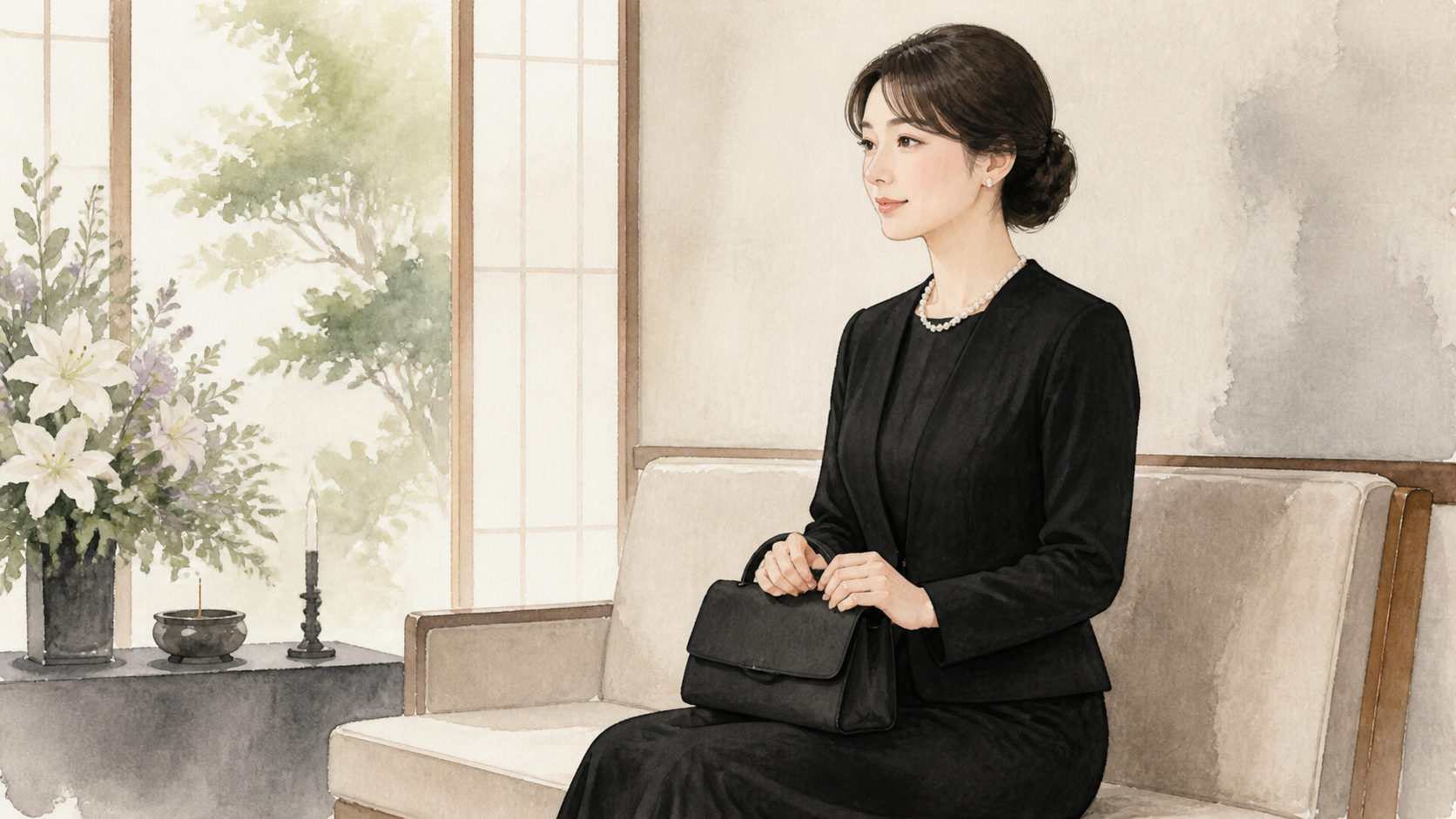 法事 喪服 入らないを解決した場面の水彩イラスト