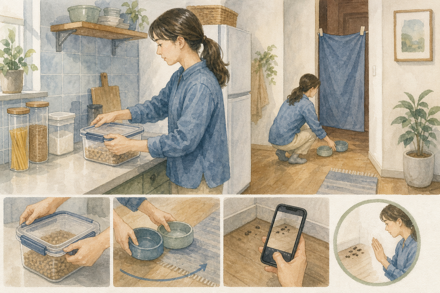 子どもとペットを離し食品を密閉するネズミ対策の水彩イラスト