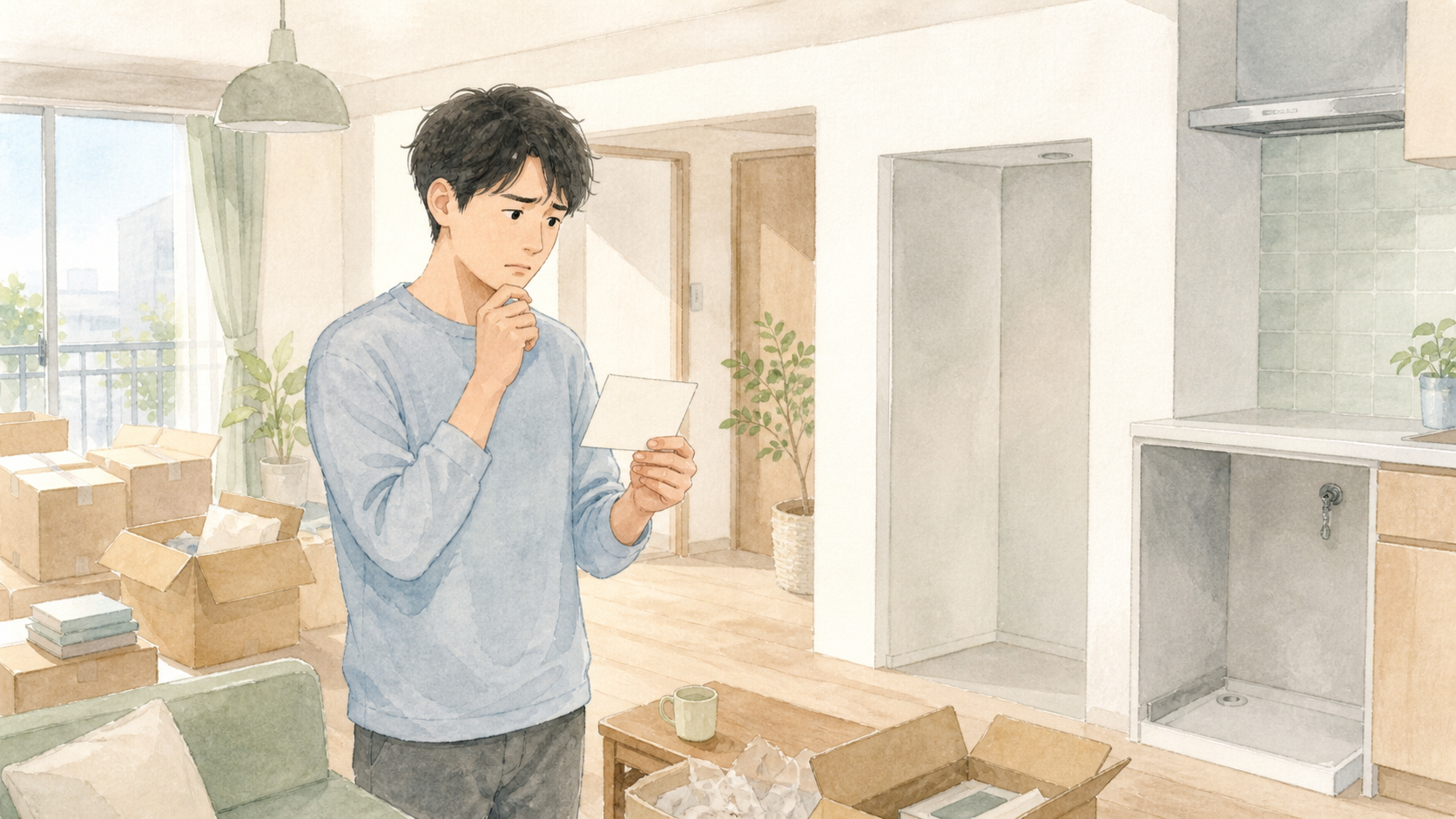 引越し 家電 間に合わないで困っている場面の水彩イラスト