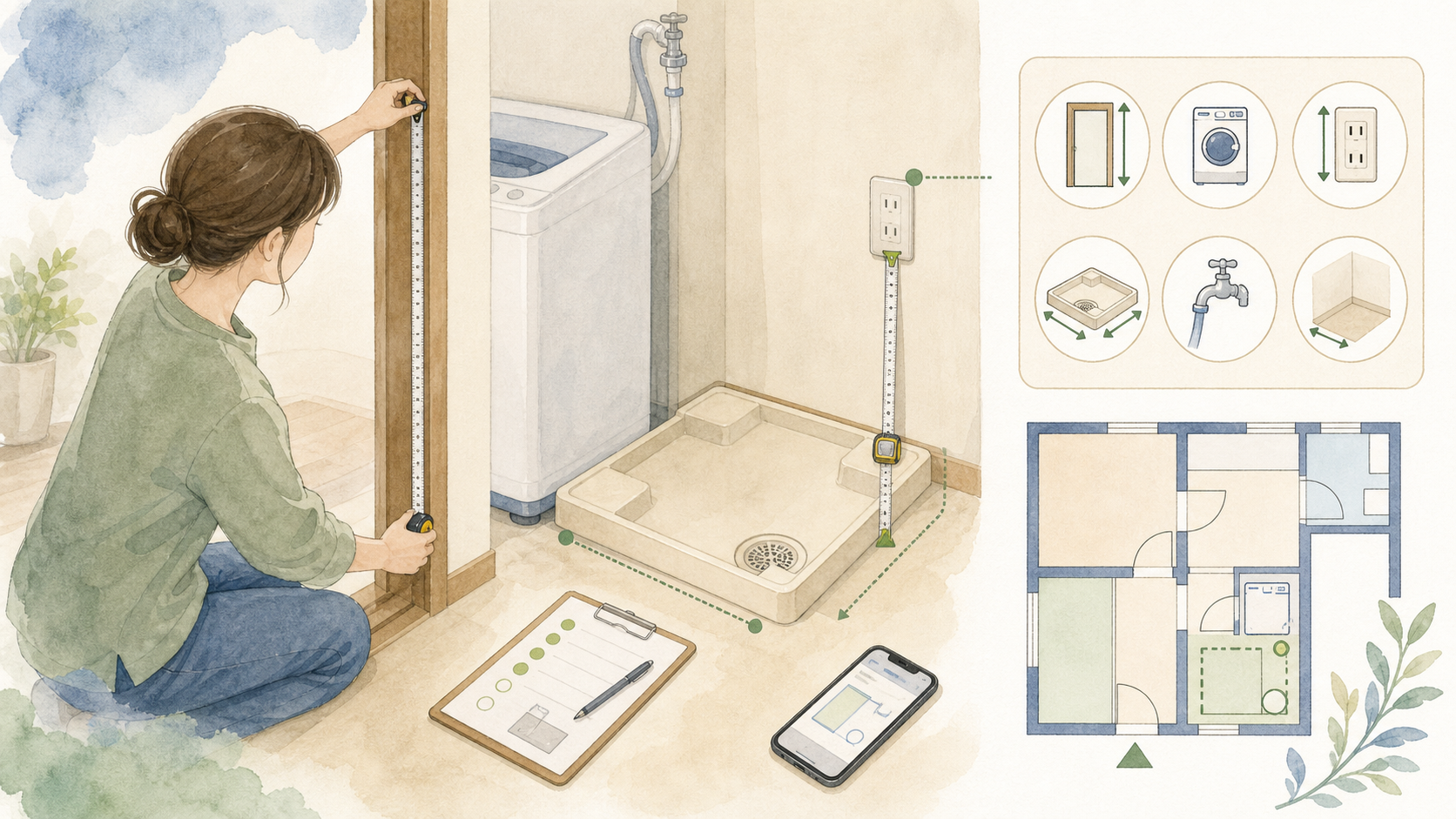 引越し 家電 間に合わないの確認手順を進める水彩イラスト