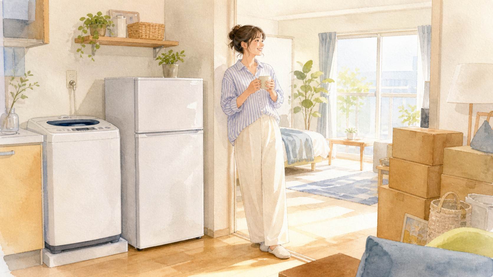 引越し 家電 間に合わないを解決した場面の水彩イラスト