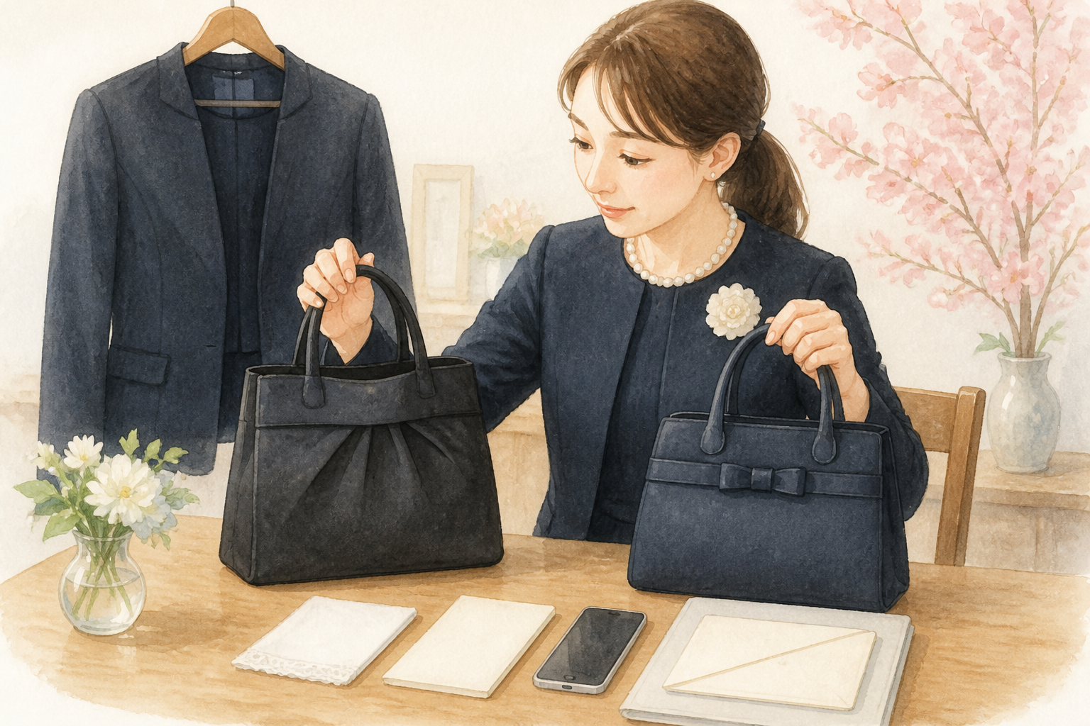 入学式 バッグ ないの確認手順を進める水彩イラスト