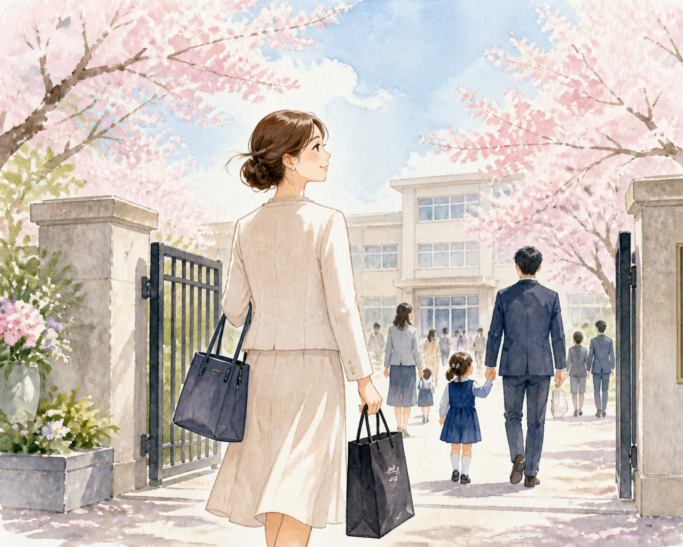入学式 バッグ ないを解決した場面を描いた水彩イラスト