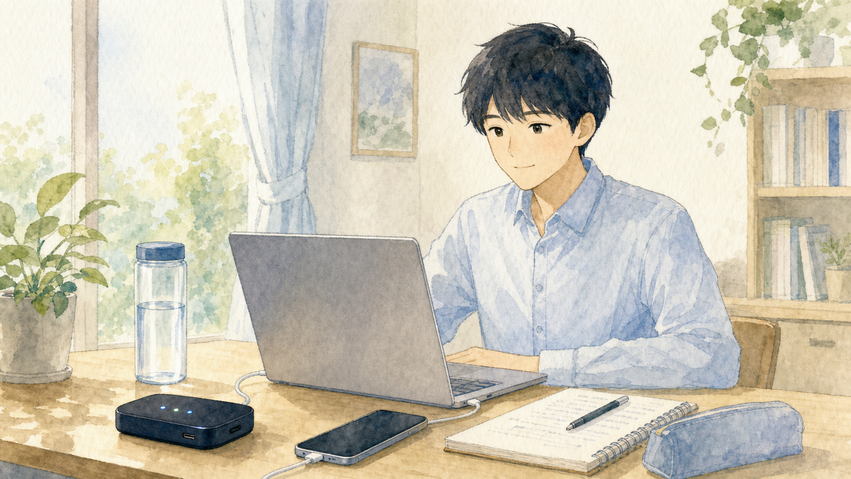 オンライン面接当日にモバイルWiFiとスマホの予備回線を用意した水彩イラスト