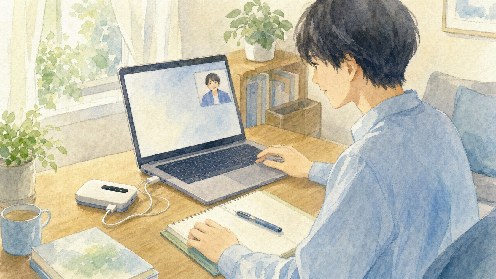 レンタルWiFiをノートパソコンに接続しオンライン面接を事前テストする水彩イラスト