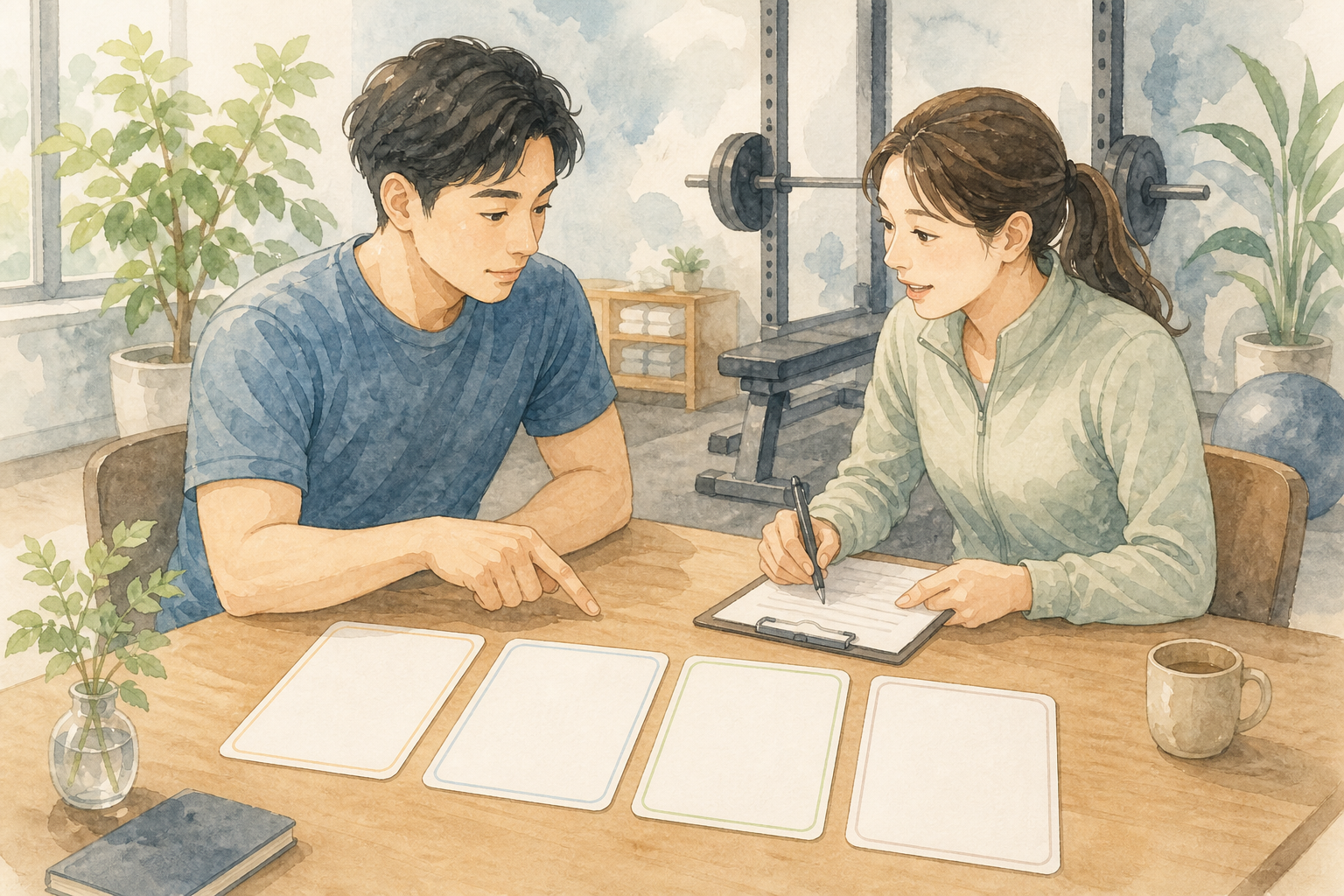 ジムの無料相談で支払額と解約条件を確認する水彩イラスト