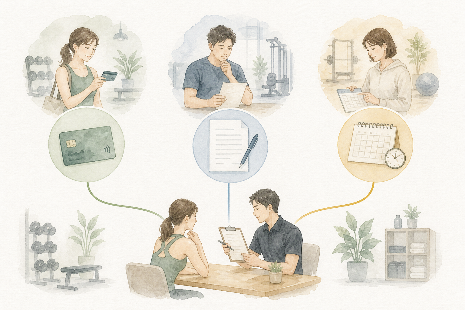 カードと信販契約と直接分割の違いを表す水彩図