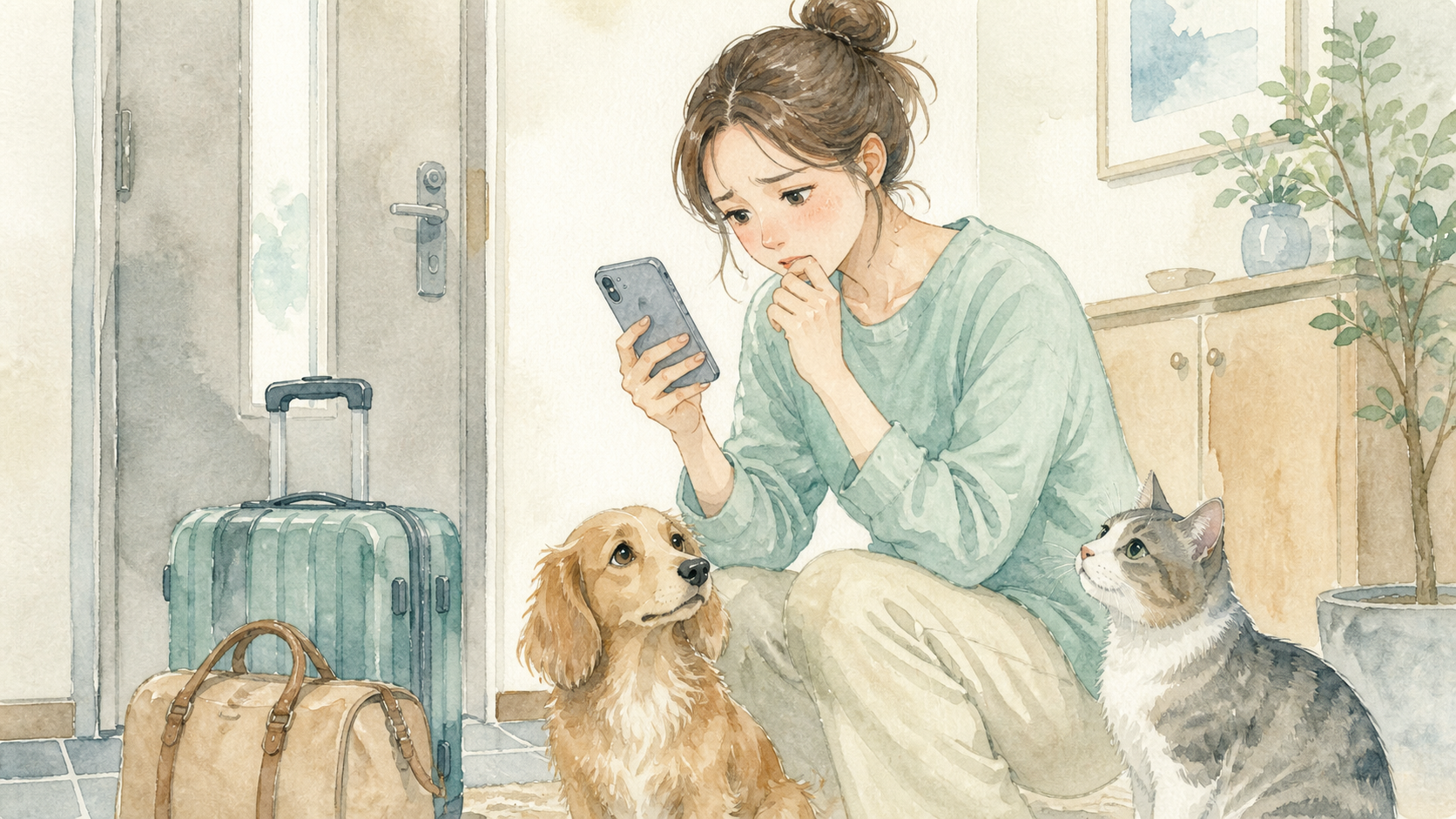 ペットホテル 満室で困っている場面の水彩イラスト