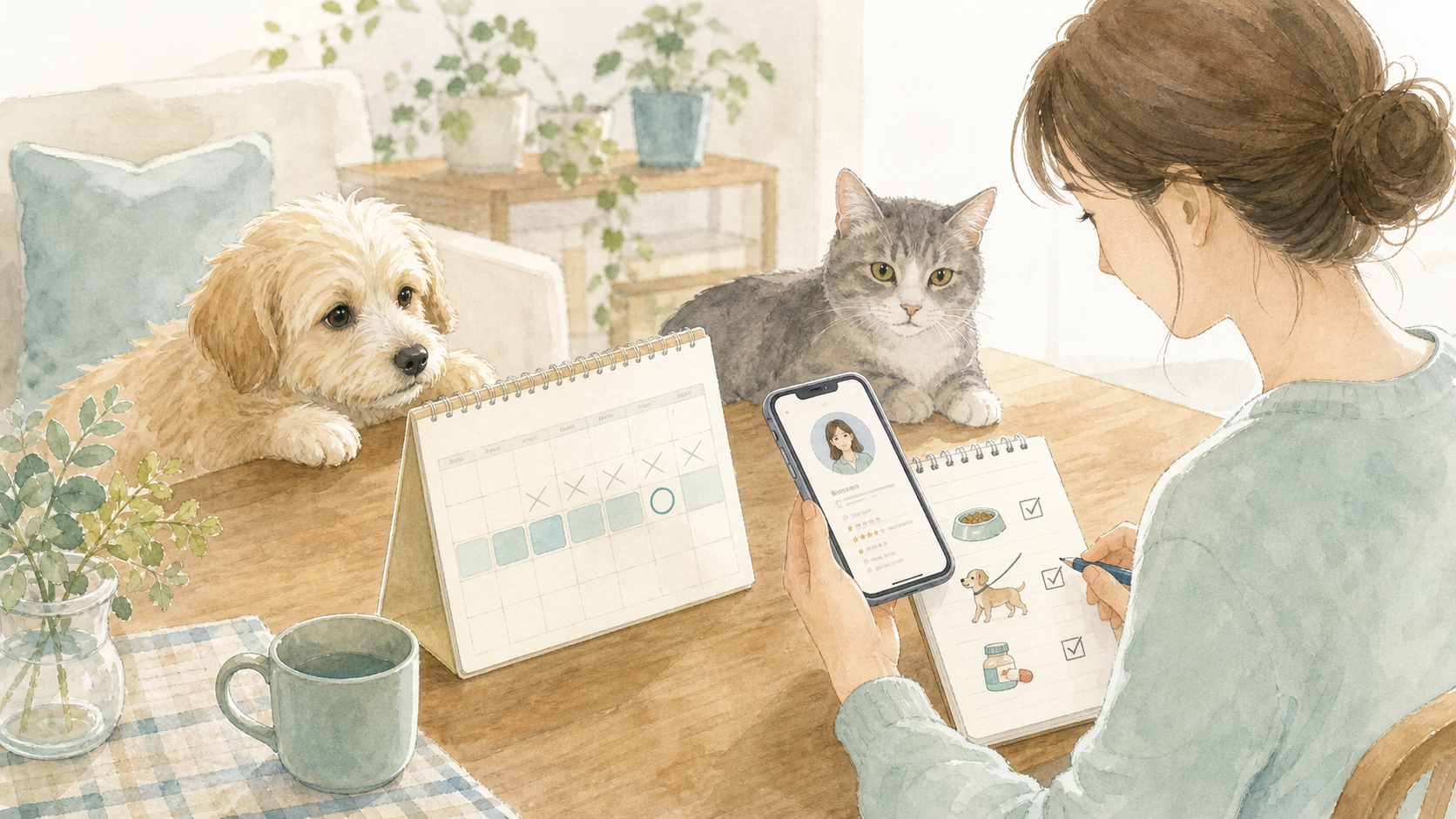 ペットホテル 満室の確認手順を進める水彩イラスト