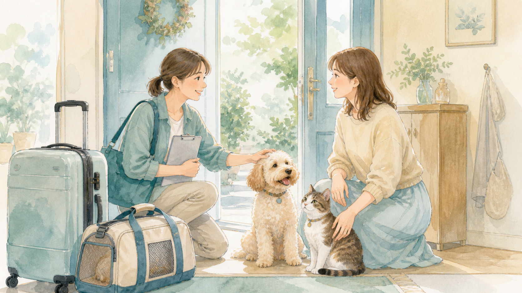 ペットホテル 満室を解決した場面の水彩イラスト
