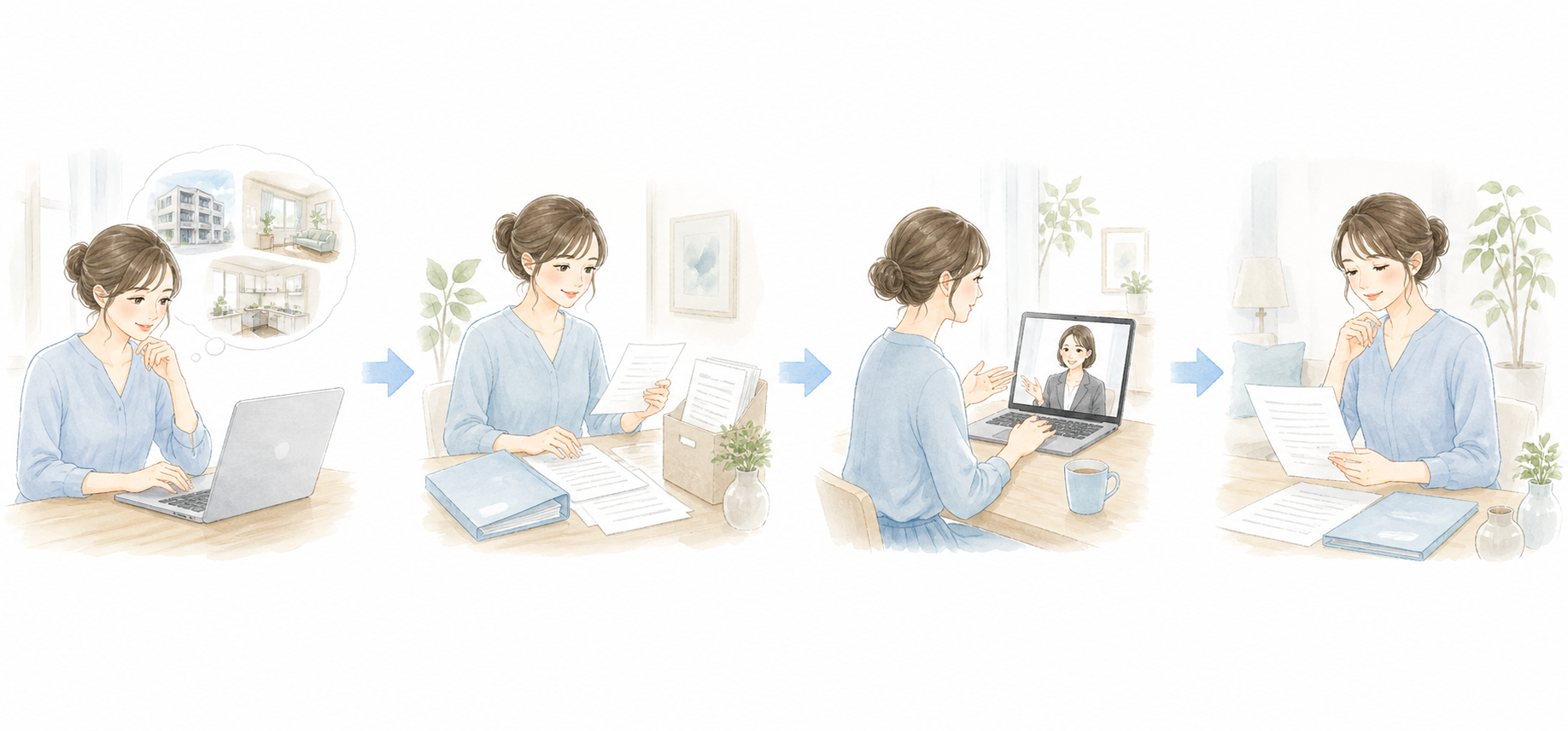 物件検索から書類準備とビデオ通話による契約確認までの流れを表す水彩図