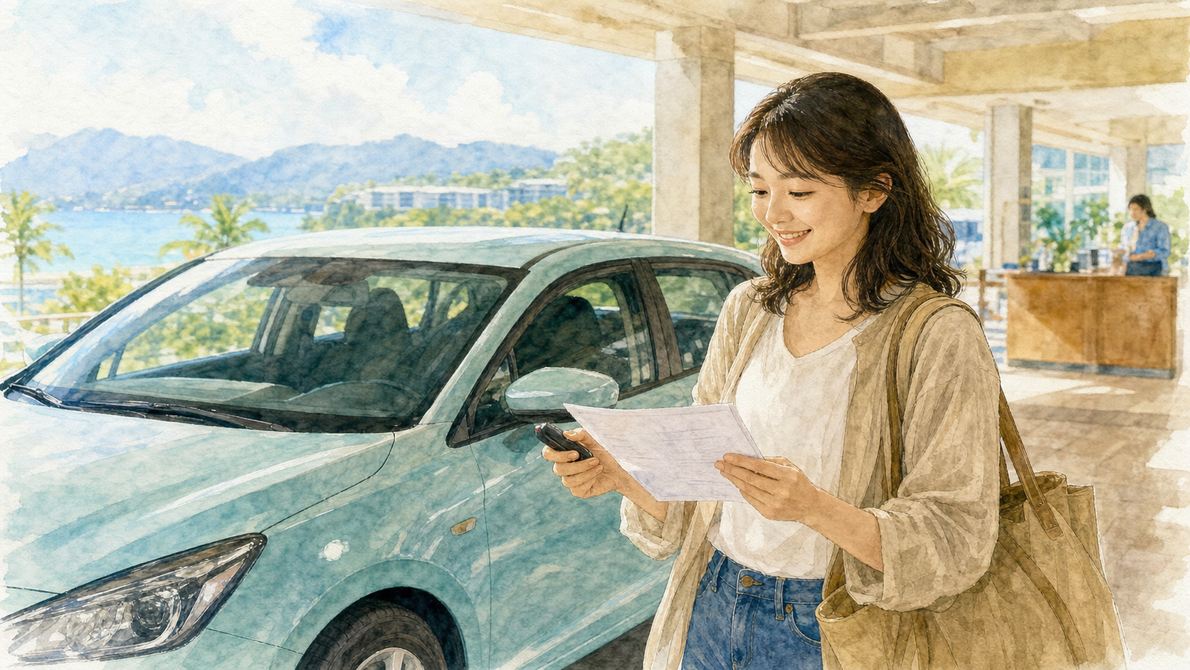 旅行用の代替レンタカーを確保する水彩イラスト
