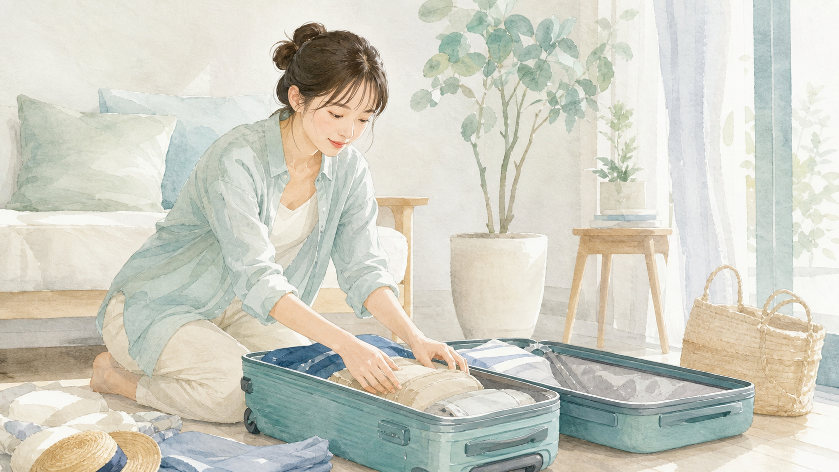 代替スーツケースをレンタルする水彩イラスト
