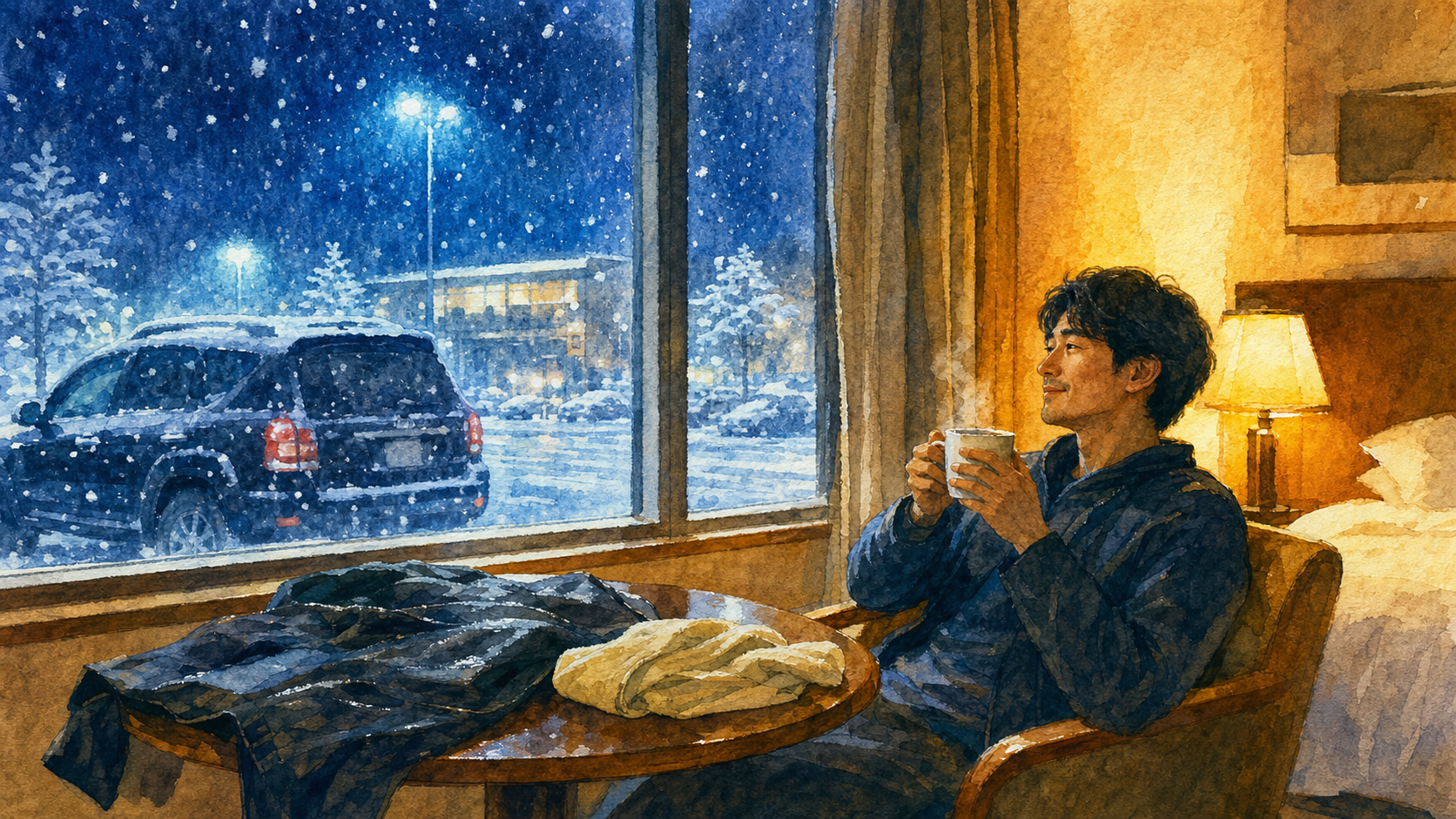 雪の日に駐車場付きホテルを予約する水彩イラスト