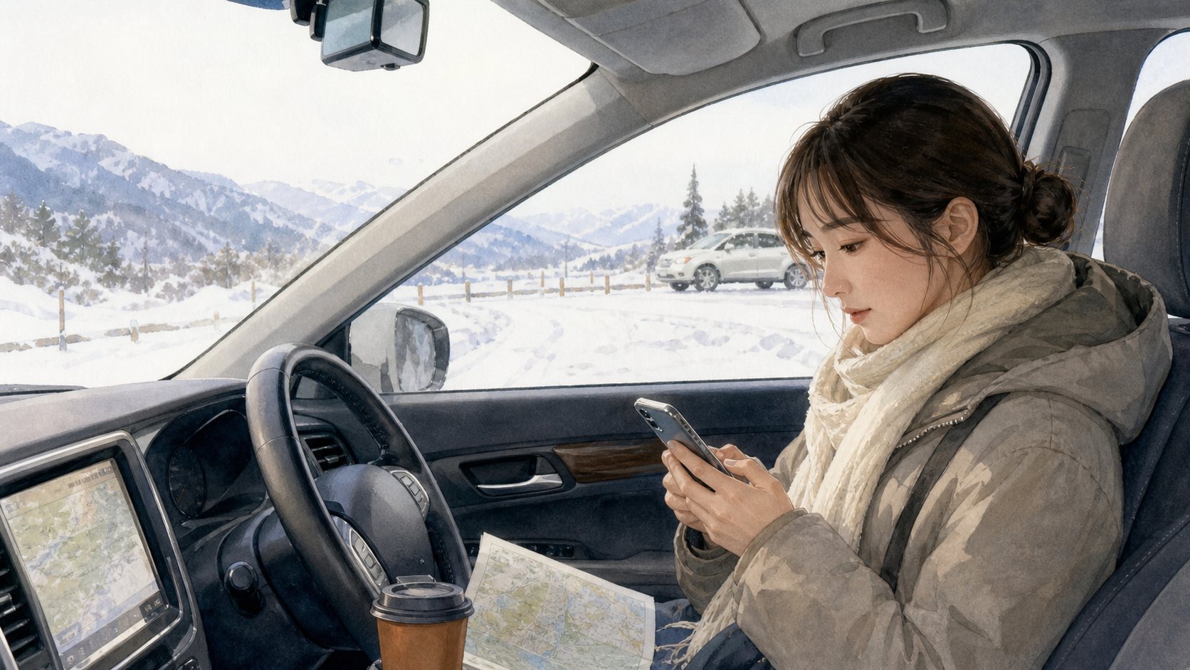 雪道の通行情報と車の安全を確認する水彩イラスト