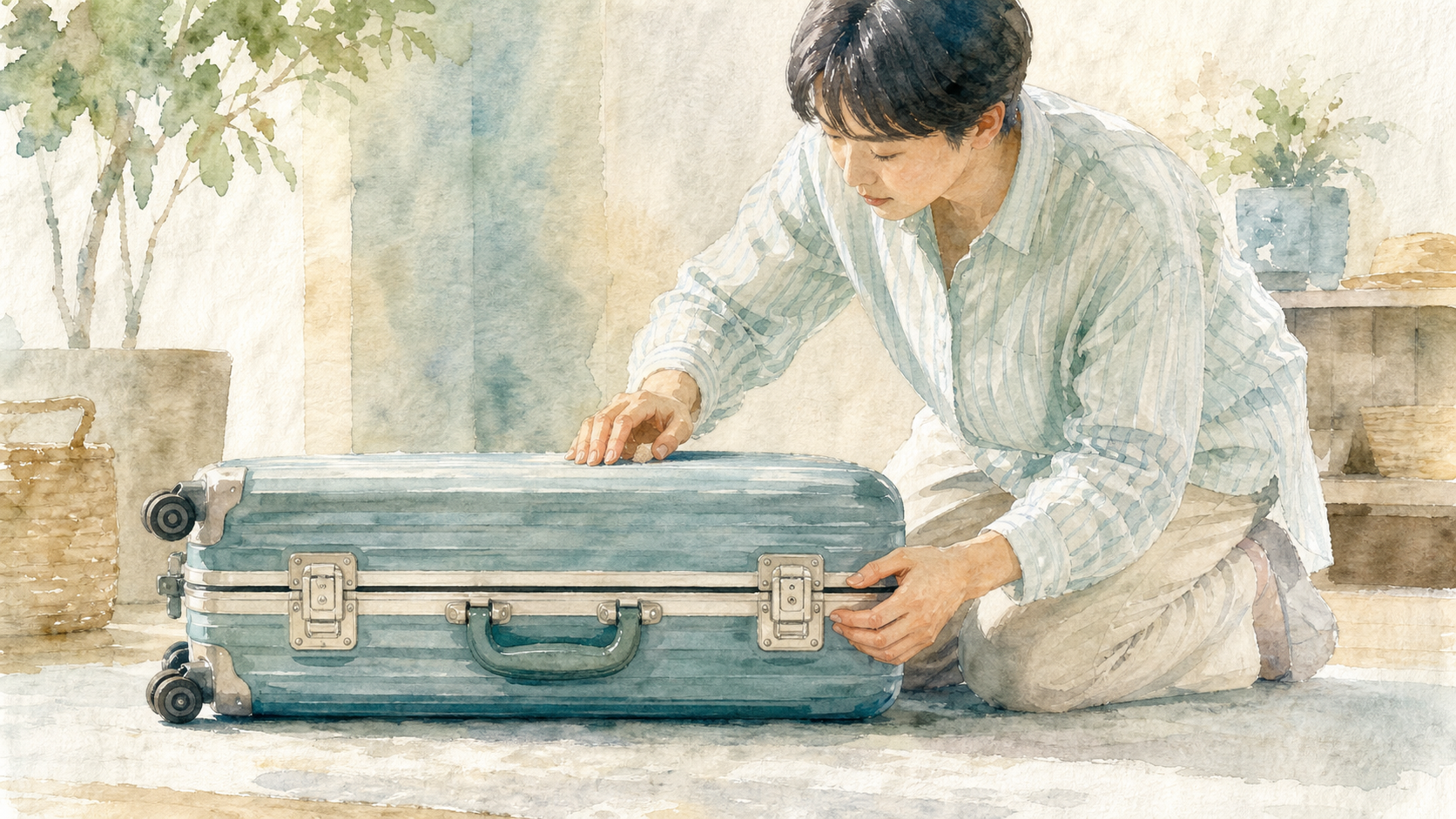 スーツケースのフレームと留め具を確認する水彩イラスト