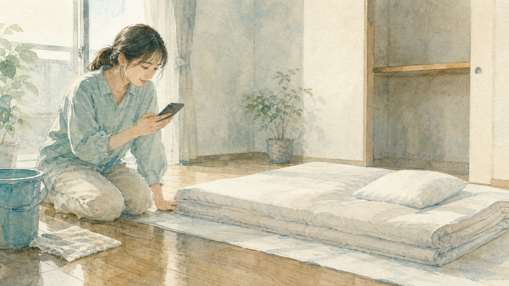 ベッド到着までの寝床を準備する水彩イラスト