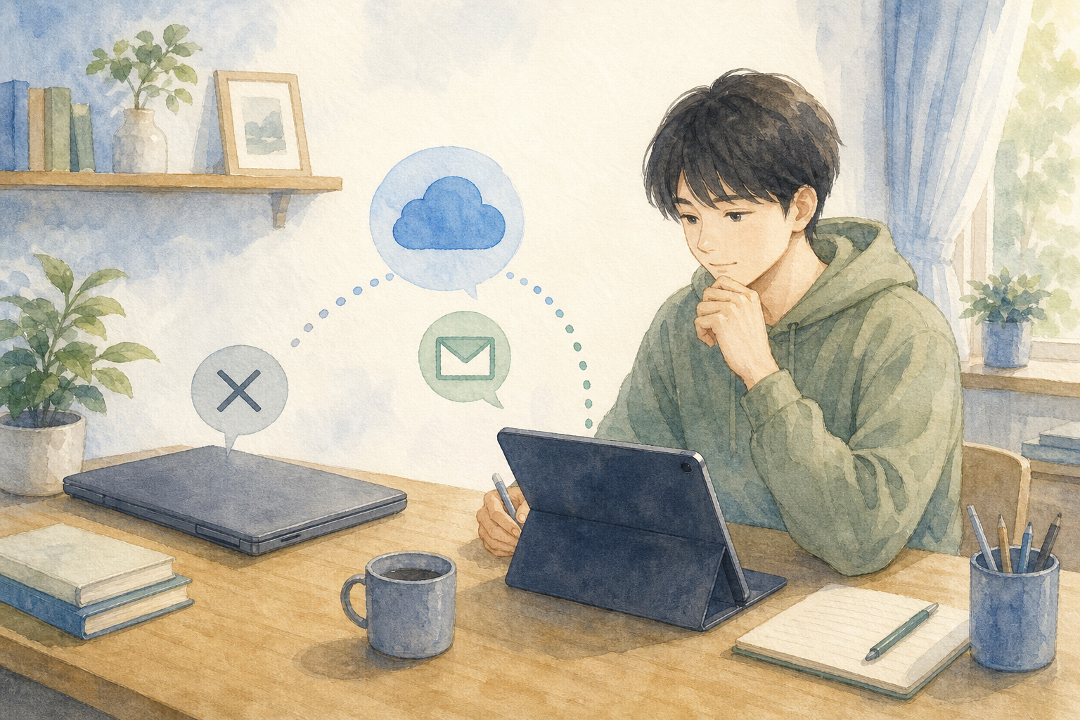 別端末でクラウドや送信履歴から卒論のコピーを確認する水彩イラスト