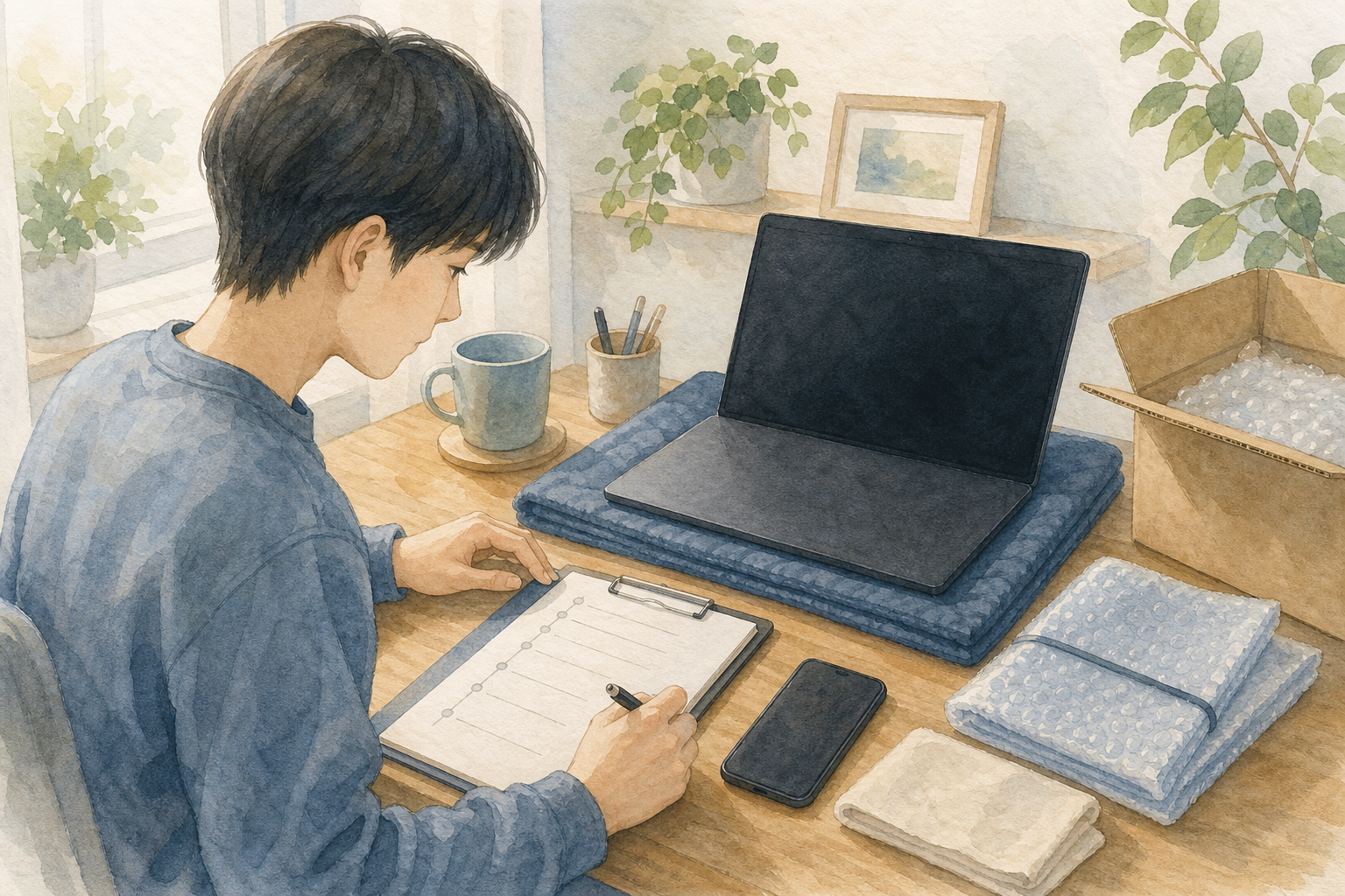 壊れたパソコンの症状と卒論データについて専門窓口へ相談する水彩イラスト