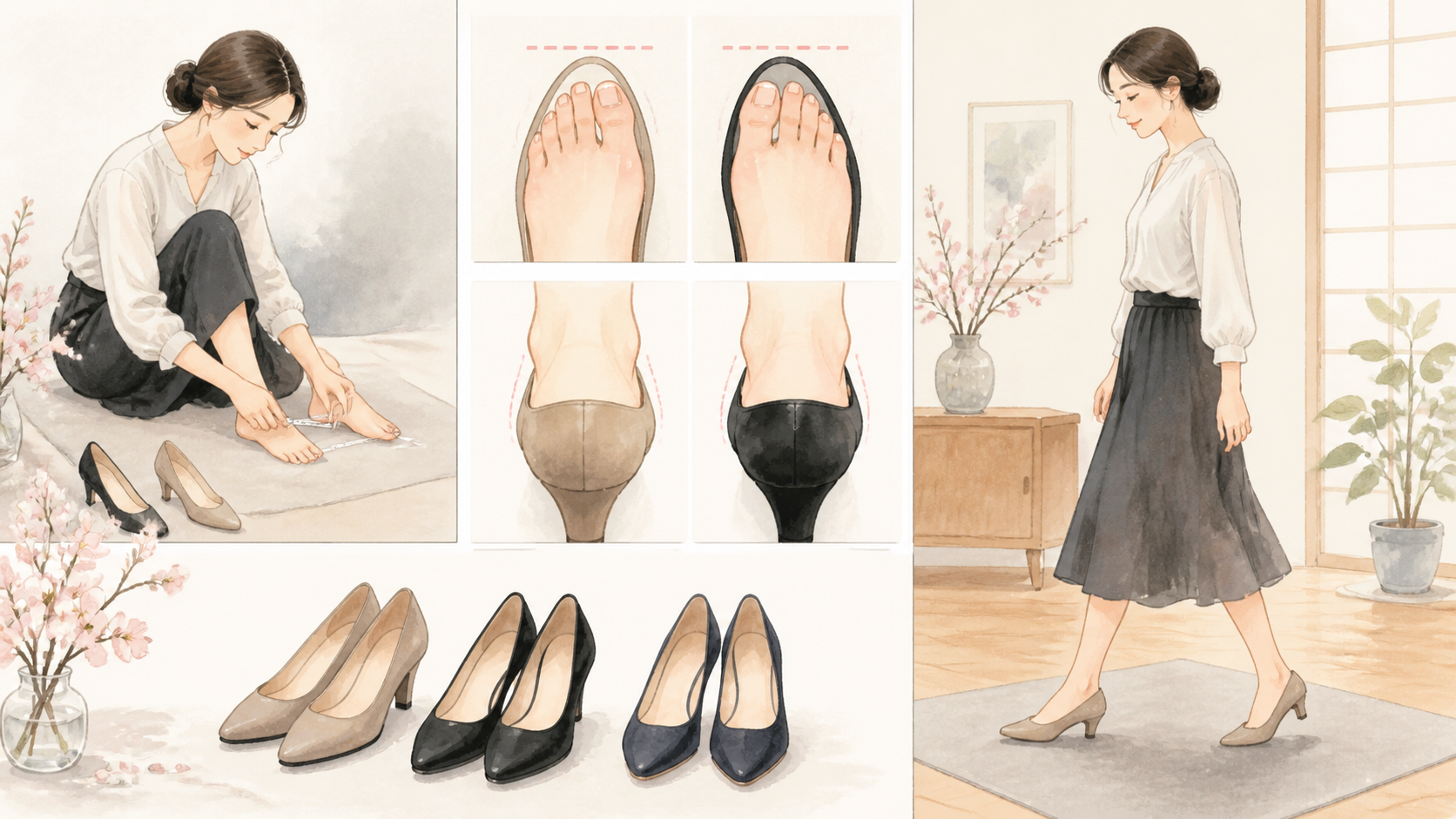 入学式 パンプス きついの確認手順を進める水彩イラスト