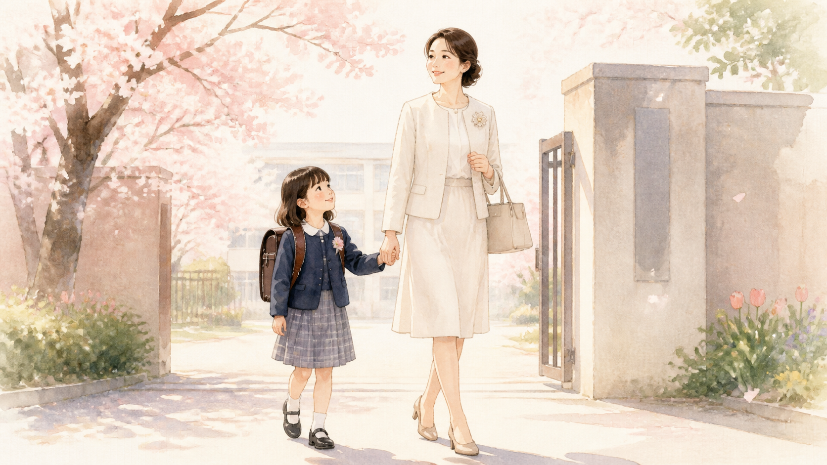 入学式 パンプス きついを解決した場面を描いた水彩イラスト