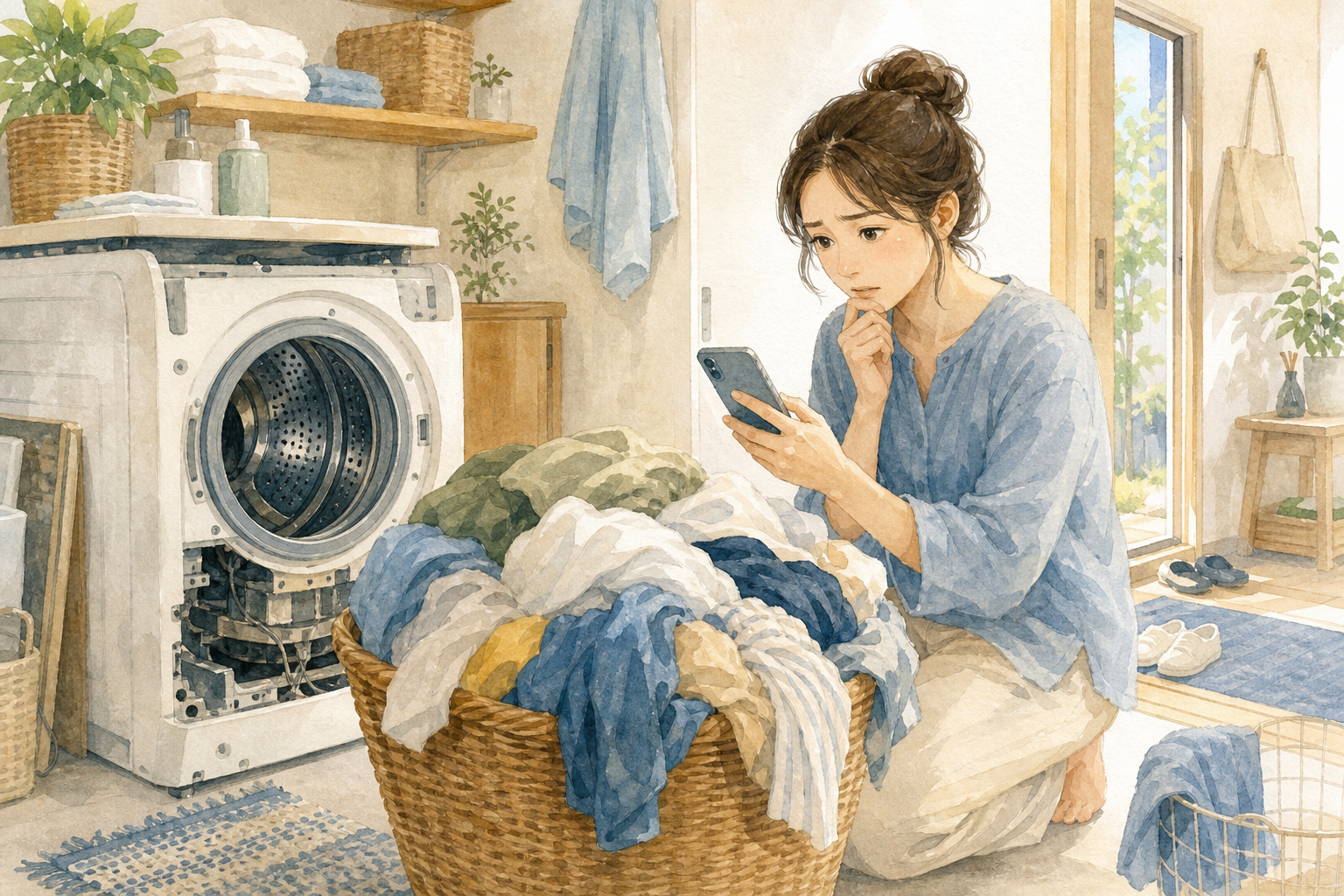 洗濯機が壊れ近くにコインランドリーもなく困る人の水彩イラスト