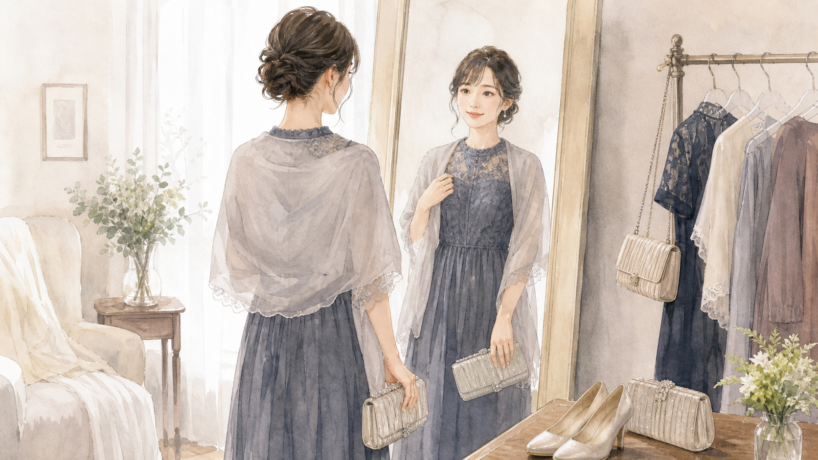 結婚式用ドレスと小物を組み合わせる水彩イラスト