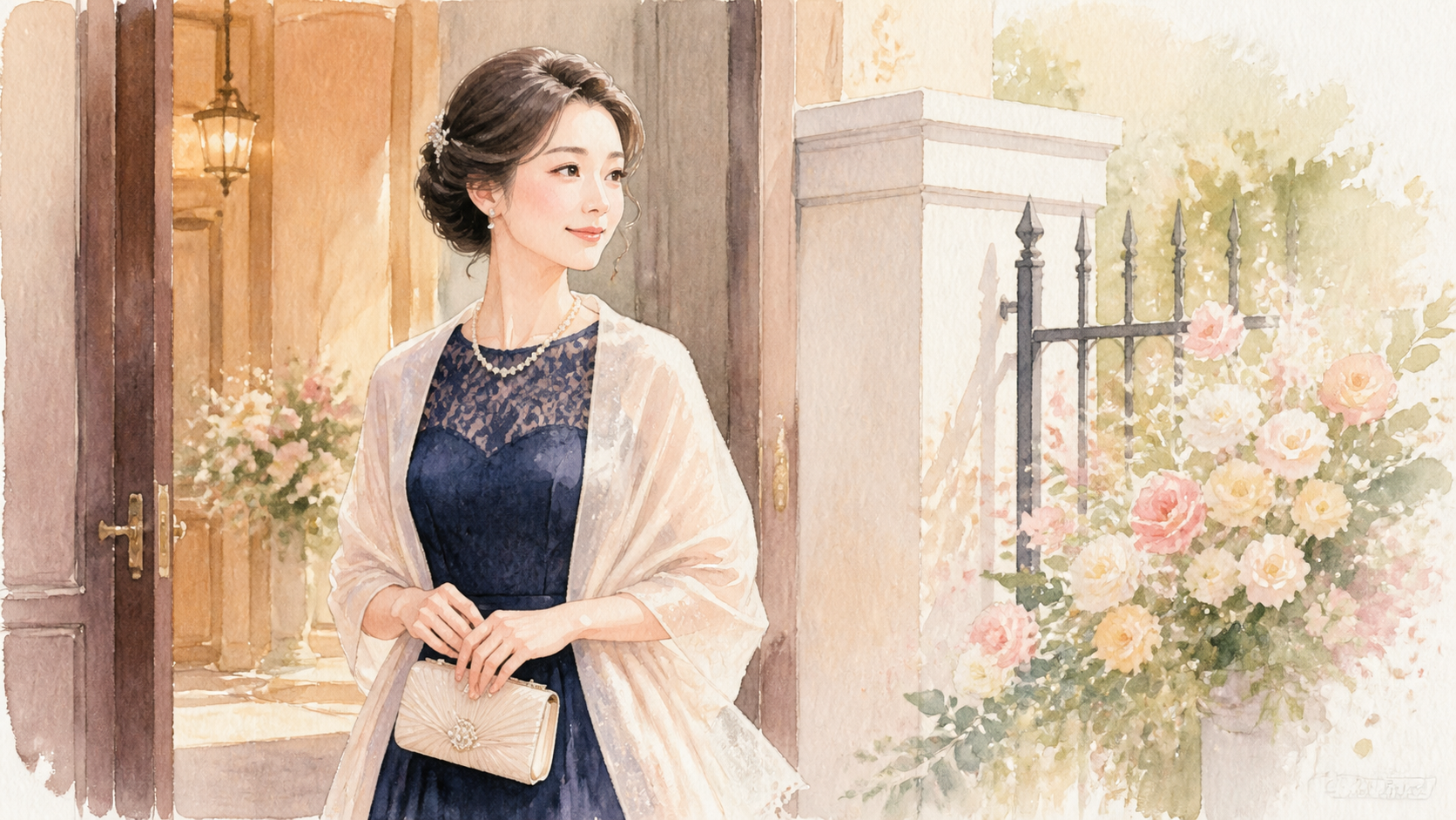 結婚式 ヘアセット 間に合わないを解決した場面の水彩イラスト