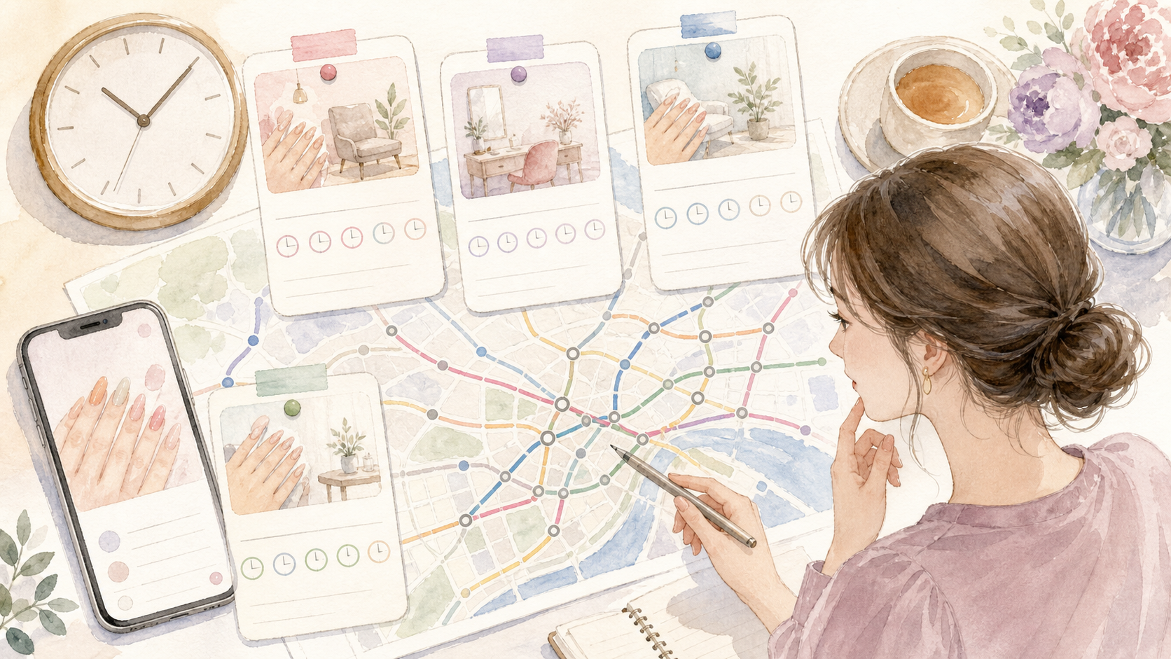結婚式 ネイル 予約 取れないの確認手順を進める水彩イラスト