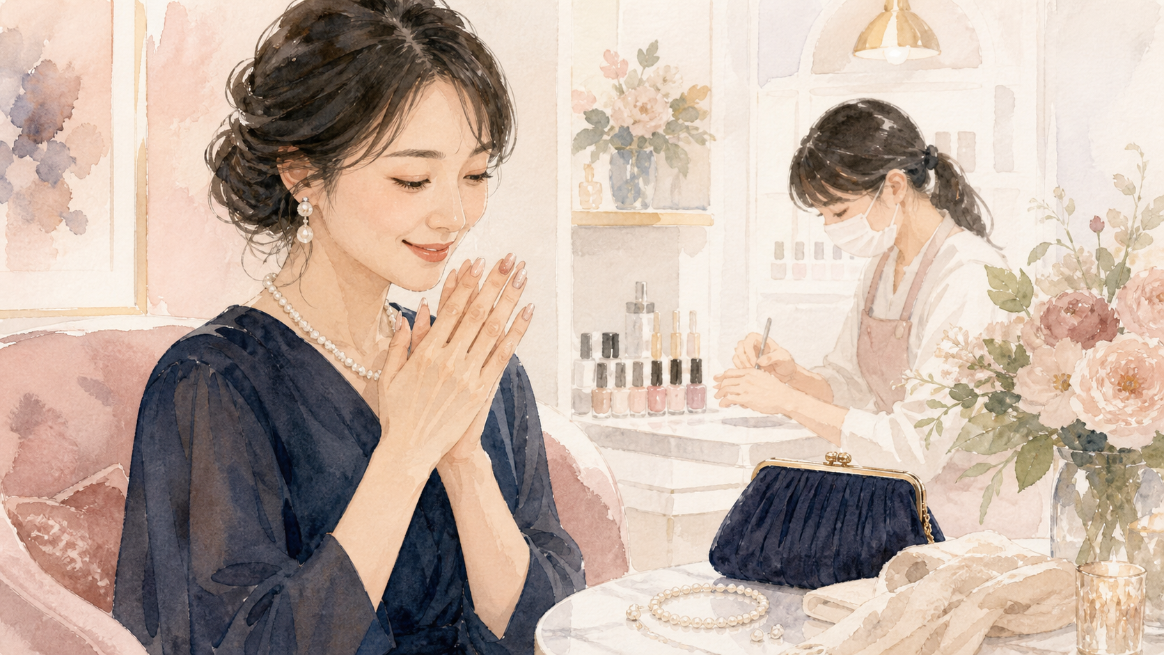 結婚式 ネイル 予約 取れないを解決した場面の水彩イラスト